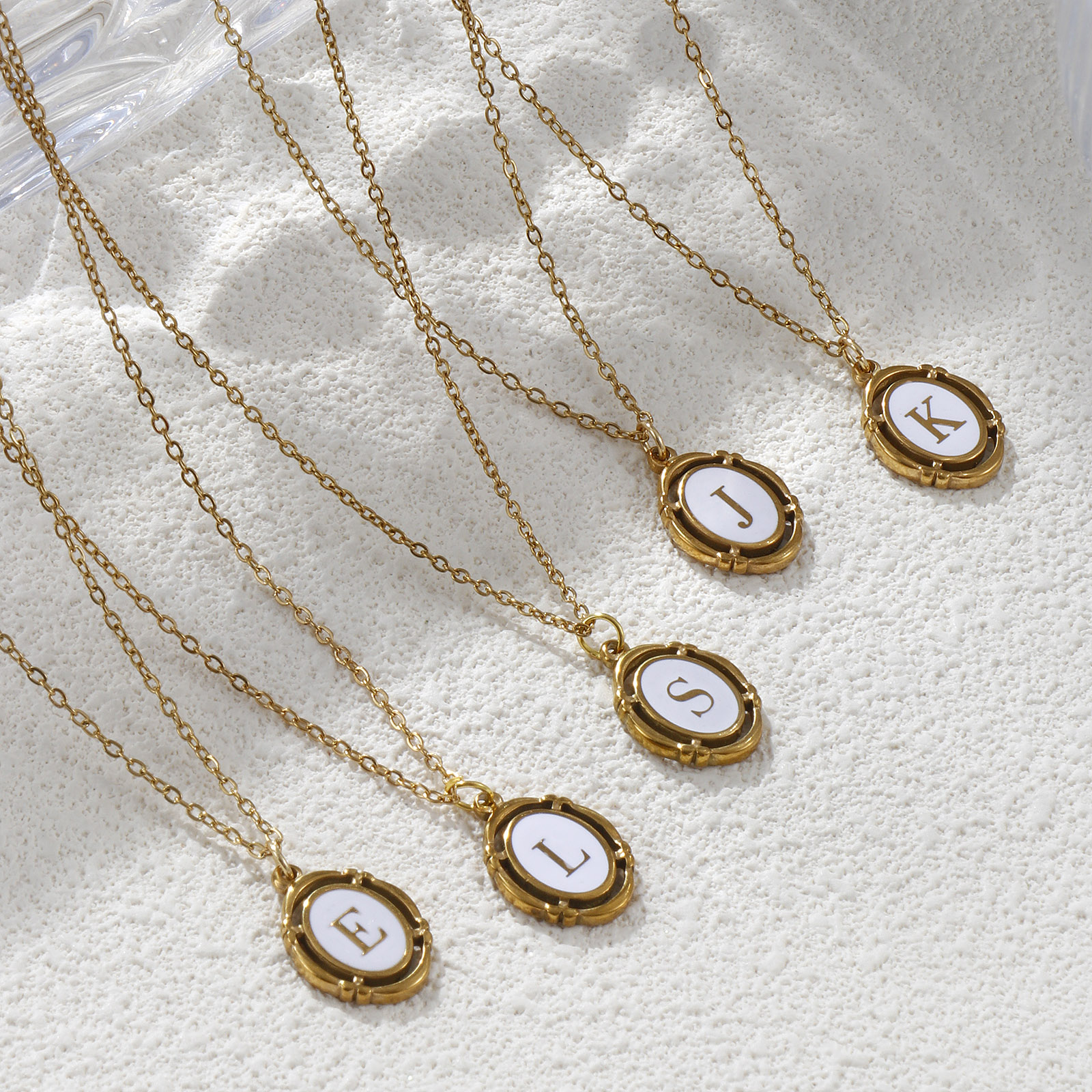 Picture of Eco-friendly PVD Vacuum Plating Stylish 18K Gold Plated White 304 Stainless Steel Link Cable Chain Oval Capital Alphabet Initial Letter Message " A-Z " Enamel Pendant Charm Necklace Unisex 45cm(17.7") + 5cm(2") long