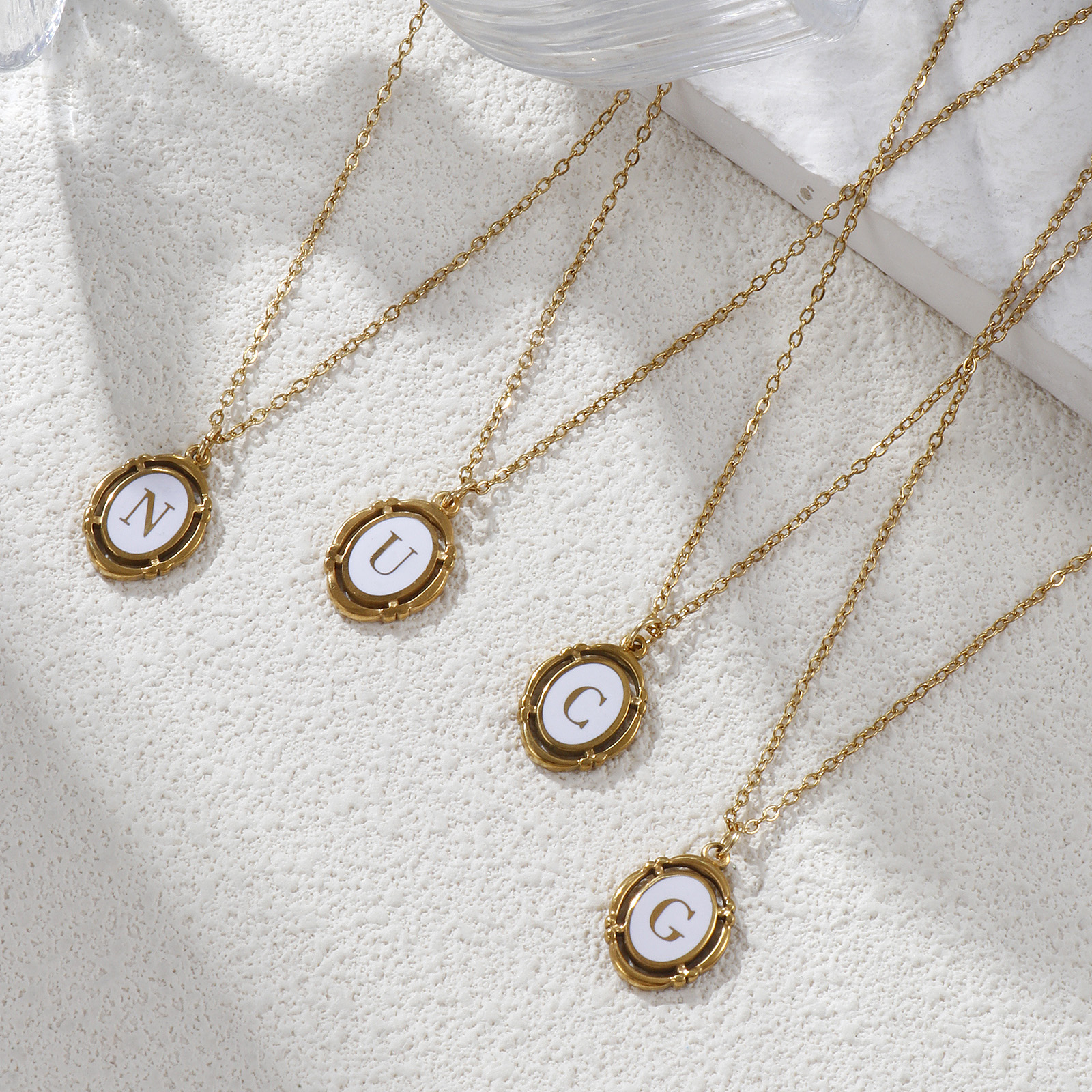 Picture of Eco-friendly PVD Vacuum Plating Stylish 18K Gold Plated White 304 Stainless Steel Link Cable Chain Oval Capital Alphabet Initial Letter Message " A-Z " Enamel Pendant Charm Necklace Unisex 45cm(17.7") + 5cm(2") long