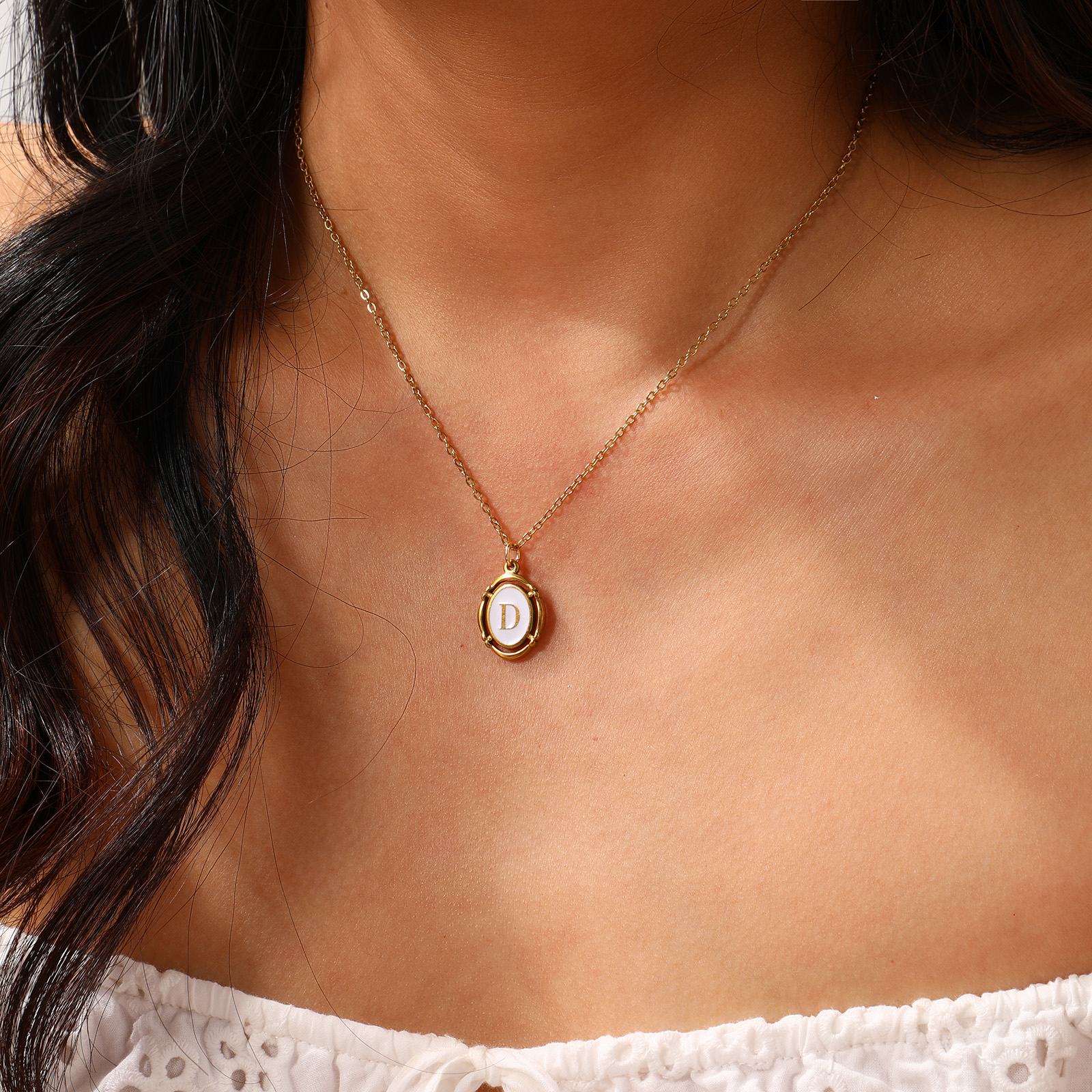 Picture of Eco-friendly PVD Vacuum Plating Stylish 18K Gold Plated White 304 Stainless Steel Link Cable Chain Oval Capital Alphabet Initial Letter Message " A-Z " Enamel Pendant Charm Necklace Unisex 45cm(17.7") + 5cm(2") long
