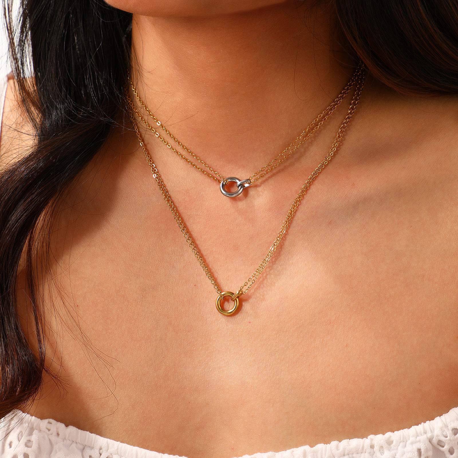 Picture of Eco-friendly PVD Vacuum Plating Minimalist 18K Real Gold Plated 304 Stainless Steel Link Cable Chain Circle Ring Pendant Charm Necklace For Women Gift 42cm(16.5") + 8cm(3.1") long