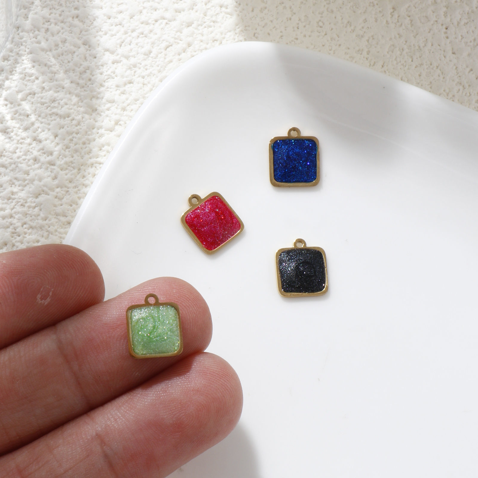 Picture of Eco-friendly PVD Vacuum Plating 304 Stainless Steel Geometric Charms 18K Real Gold Plated Multicolor Enamel Square Glitter 10mm x 8mm