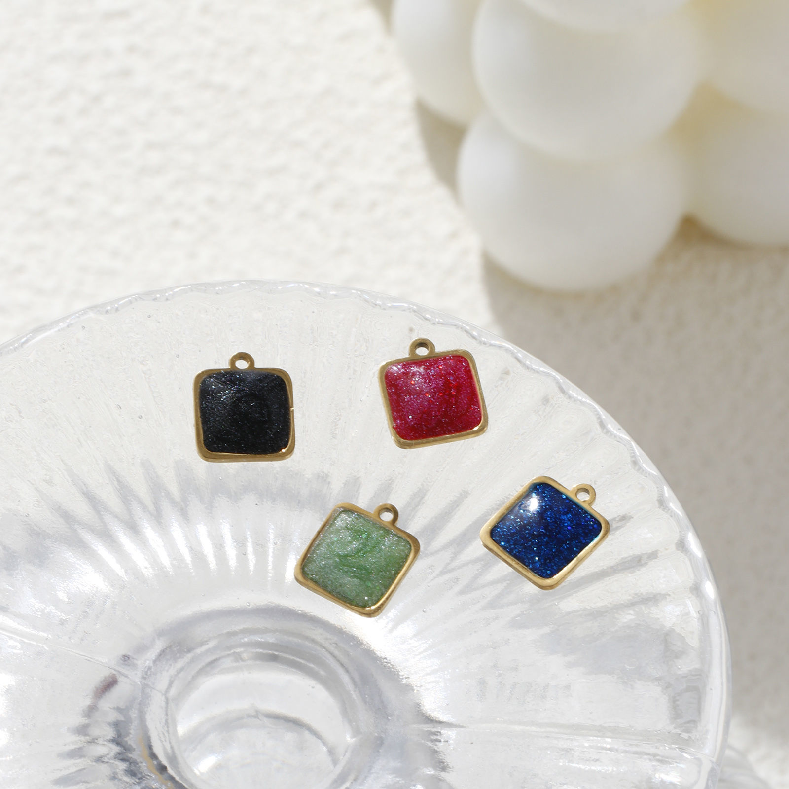 Picture of Eco-friendly PVD Vacuum Plating 304 Stainless Steel Geometric Charms 18K Real Gold Plated Multicolor Enamel Square Glitter 10mm x 8mm