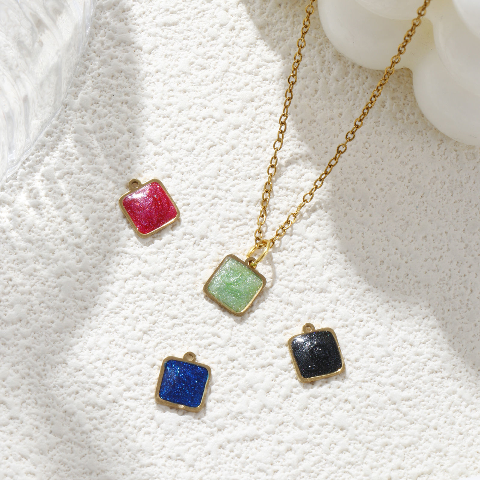 Picture of Eco-friendly PVD Vacuum Plating 304 Stainless Steel Geometric Charms 18K Real Gold Plated Multicolor Enamel Square Glitter 10mm x 8mm