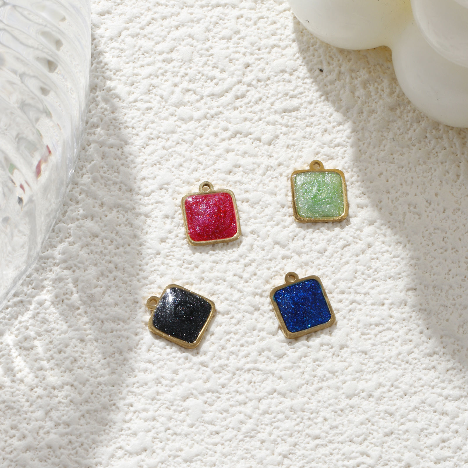 Picture of Eco-friendly PVD Vacuum Plating 304 Stainless Steel Geometric Charms 18K Real Gold Plated Multicolor Enamel Square Glitter 10mm x 8mm