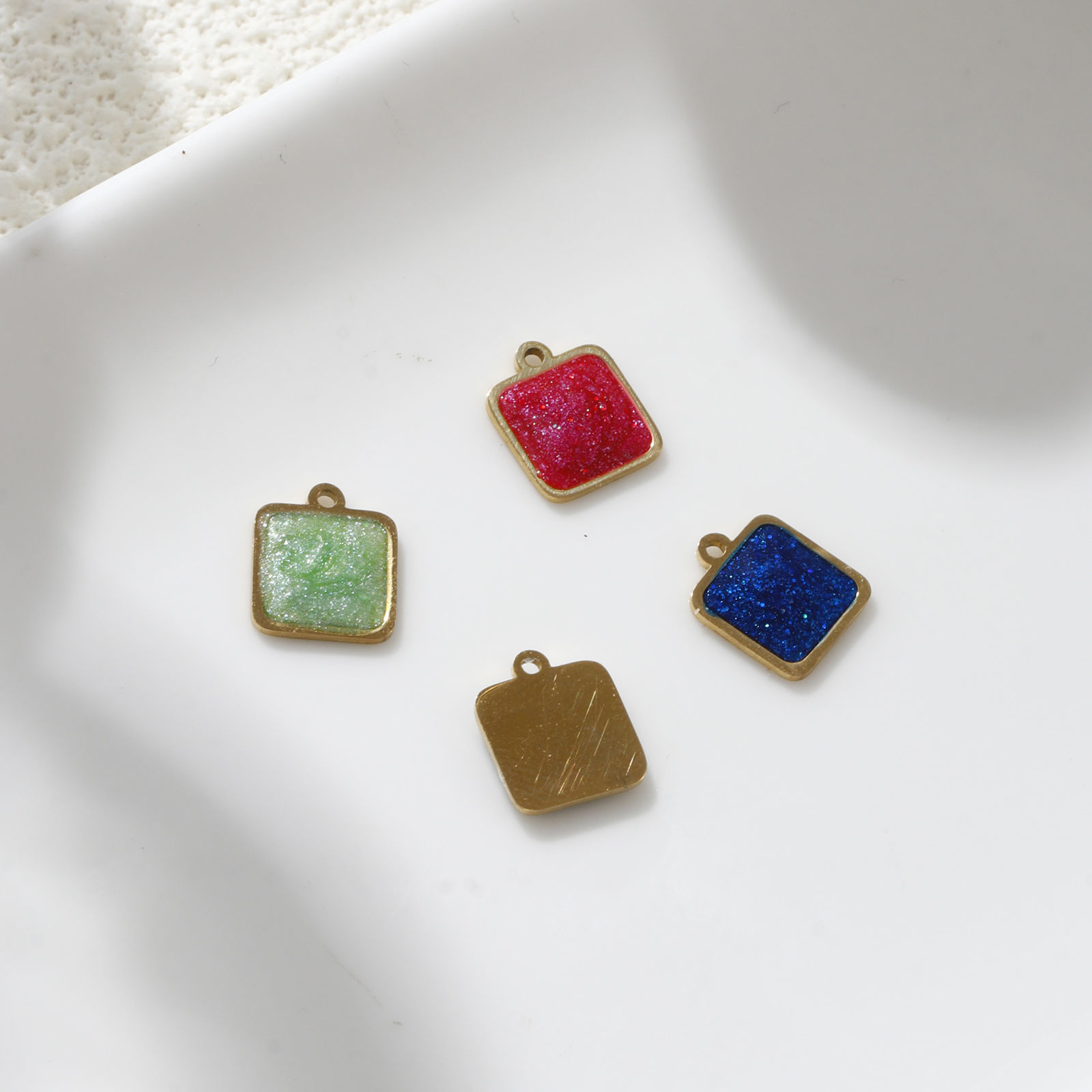 Picture of Eco-friendly PVD Vacuum Plating 304 Stainless Steel Geometric Charms 18K Real Gold Plated Multicolor Enamel Square Glitter 10mm x 8mm