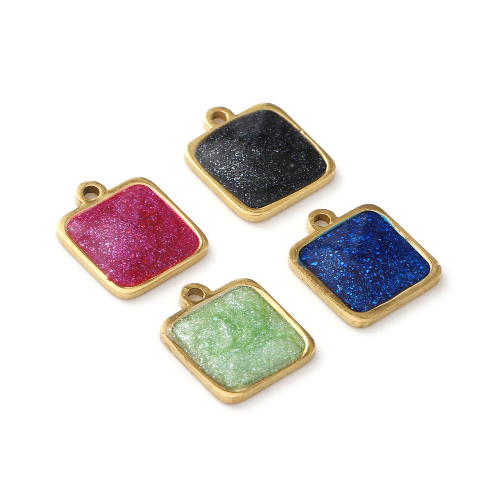 Picture of Eco-friendly PVD Vacuum Plating 304 Stainless Steel Geometric Charms 18K Real Gold Plated Multicolor Enamel Square Glitter 10mm x 8mm