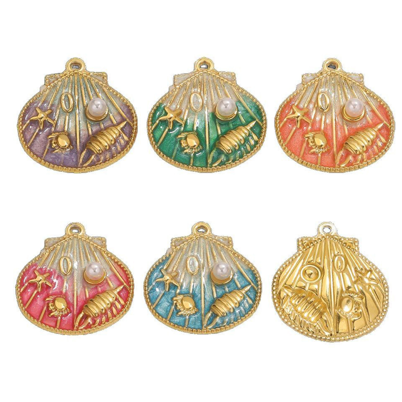 Picture of Eco-friendly PVD Vacuum Plating 304 Stainless Steel Ocean Jewelry Charms 18K Gold Plated Multicolor Enamel Shell Conch Sea Snail Imitation Pearl 25mm x 28.5mm