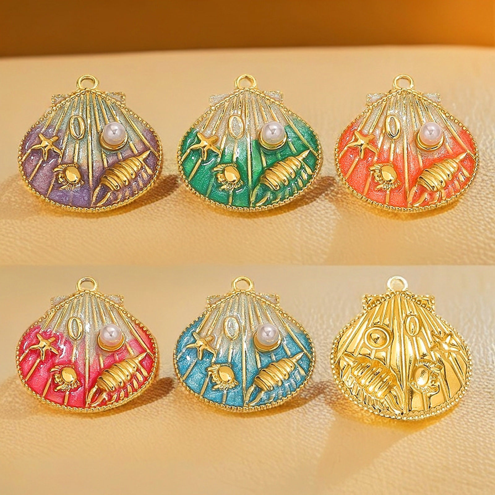 Picture of Eco-friendly PVD Vacuum Plating 304 Stainless Steel Ocean Jewelry Charms 18K Gold Plated Multicolor Enamel Shell Conch Sea Snail Imitation Pearl 25mm x 28.5mm