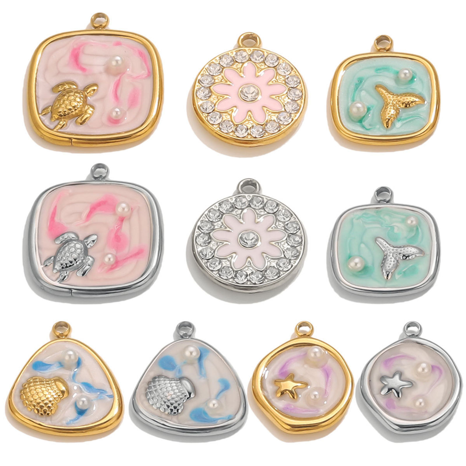 Picture of Eco-friendly 304 Stainless Steel Ocean Jewelry Charms Multicolor Enamel Imitation Pearl
