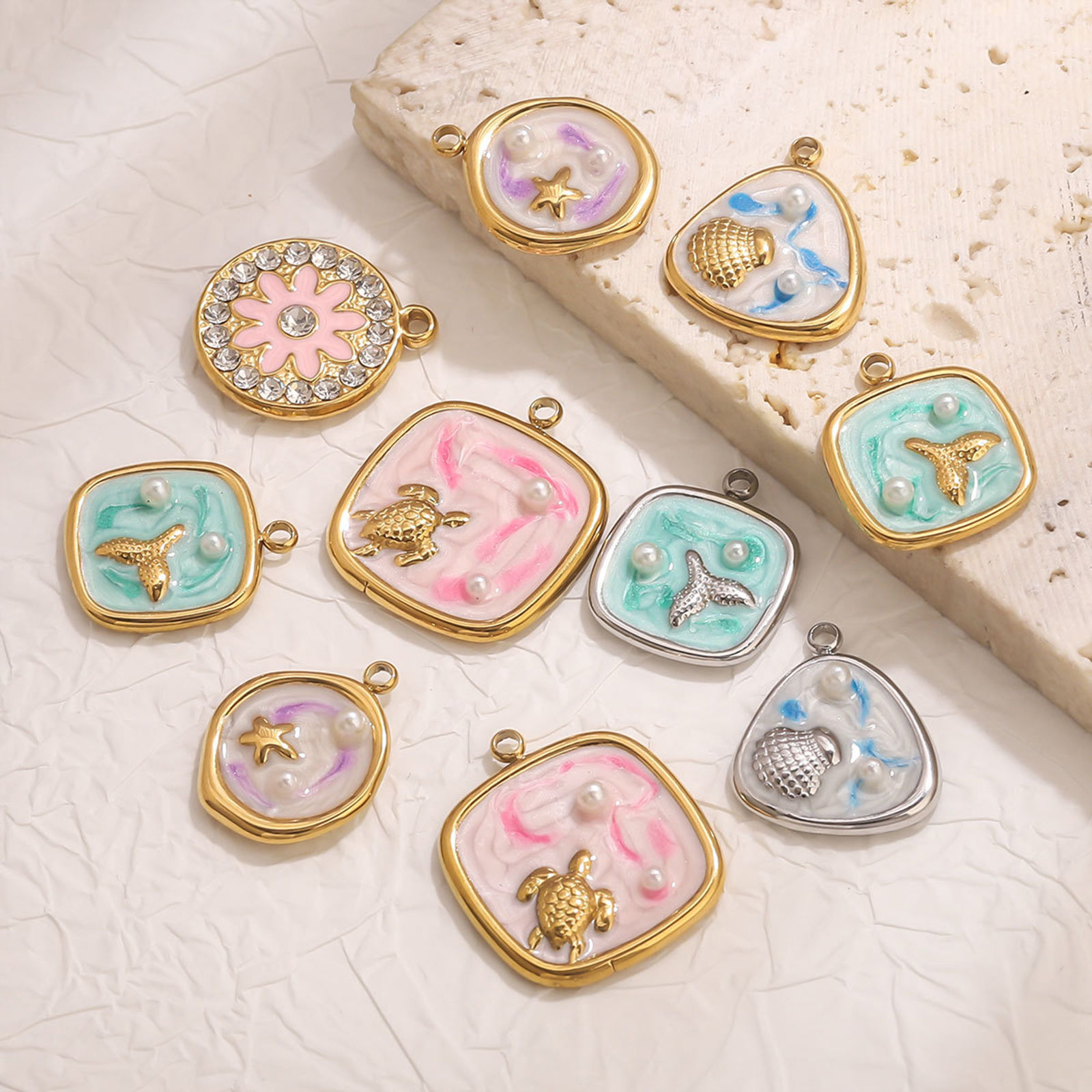 Picture of Eco-friendly 304 Stainless Steel Ocean Jewelry Charms Multicolor Enamel Imitation Pearl