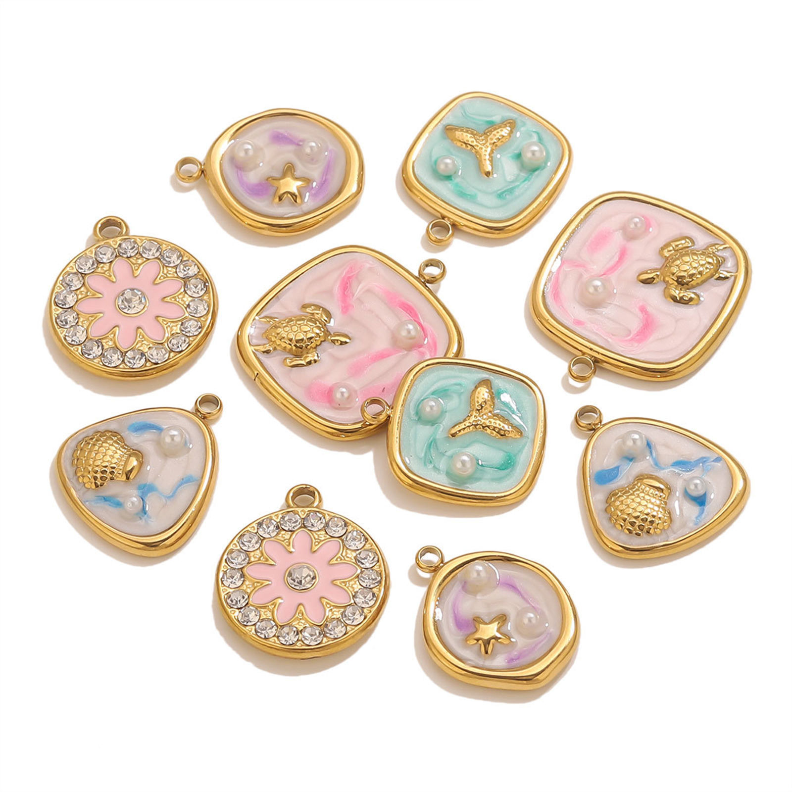 Picture of Eco-friendly 304 Stainless Steel Ocean Jewelry Charms Multicolor Enamel Imitation Pearl