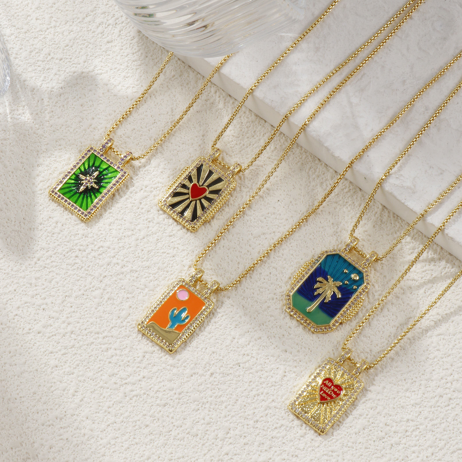 Picture of Eco-friendly Retro Ethnic 18K Real Gold Plated Multicolor Brass Link Cable Chain Rectangle Enamel Pendant Charm Necklace For Women Gift 45cm(17.7") + 5cm(2") long