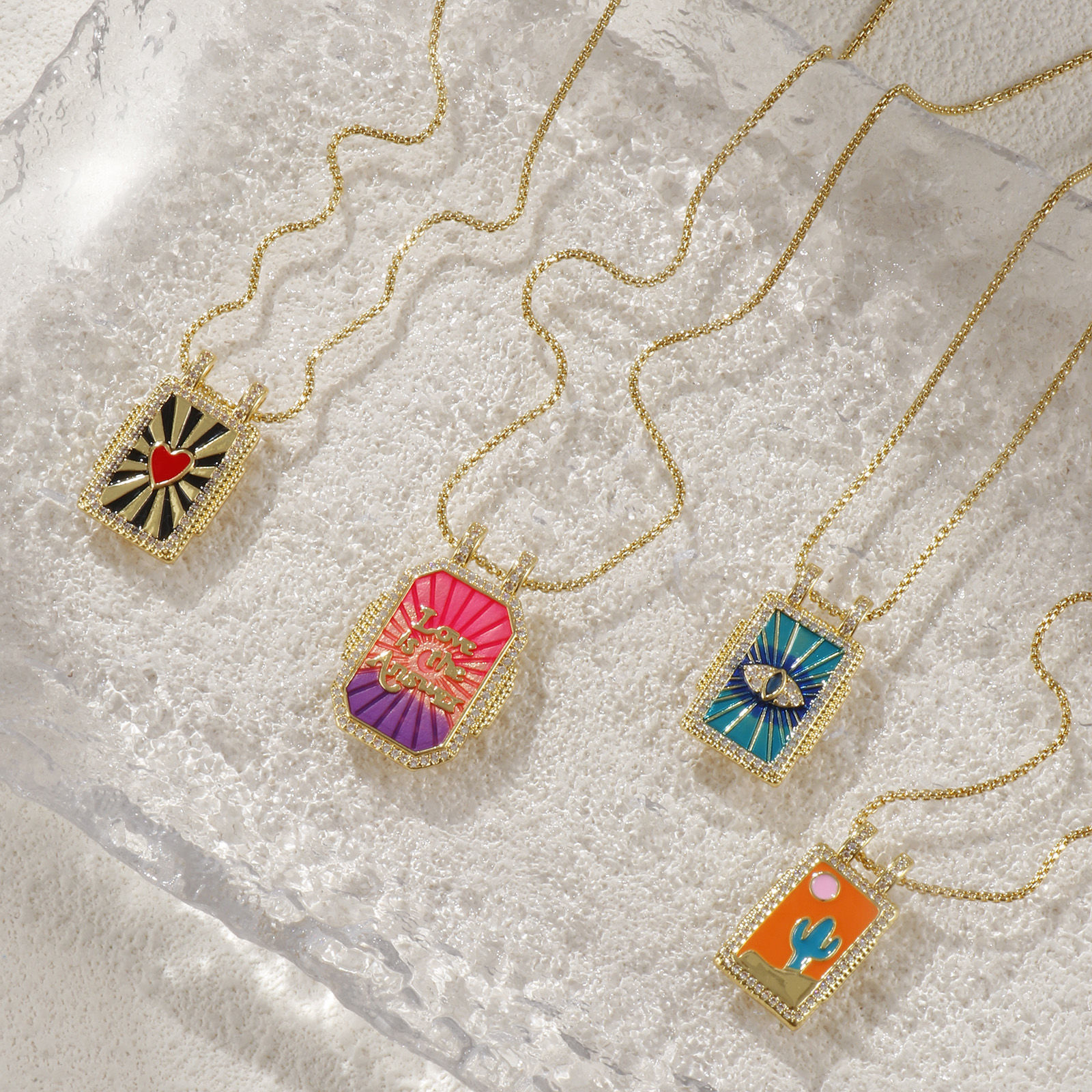 Picture of Eco-friendly Retro Ethnic 18K Real Gold Plated Multicolor Brass Link Cable Chain Rectangle Enamel Pendant Charm Necklace For Women Gift 45cm(17.7") + 5cm(2") long