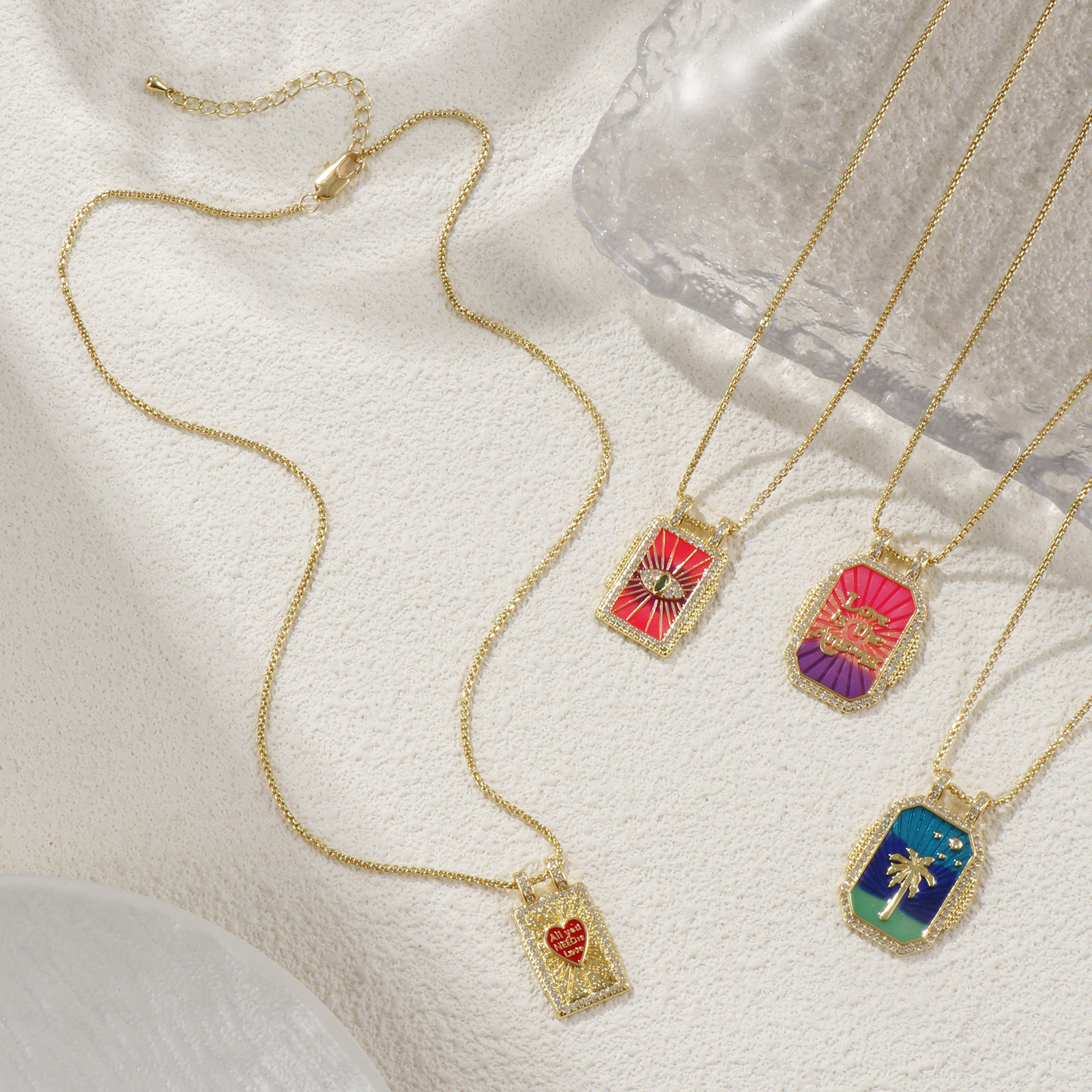Picture of Eco-friendly Retro Ethnic 18K Real Gold Plated Multicolor Brass Link Cable Chain Rectangle Enamel Pendant Charm Necklace For Women Gift 45cm(17.7") + 5cm(2") long