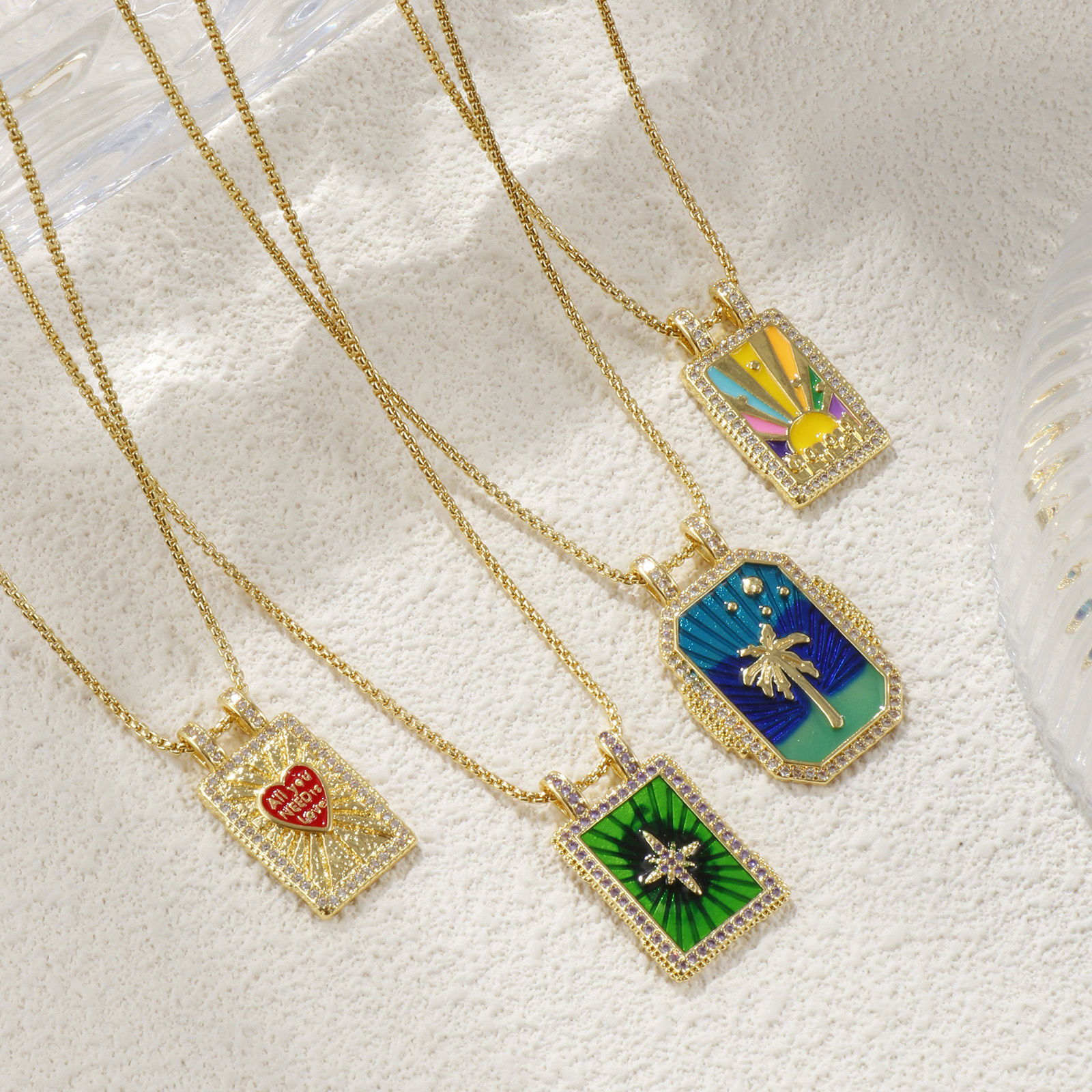 Picture of Eco-friendly Retro Ethnic 18K Real Gold Plated Multicolor Brass Link Cable Chain Rectangle Enamel Pendant Charm Necklace For Women Gift 45cm(17.7") + 5cm(2") long