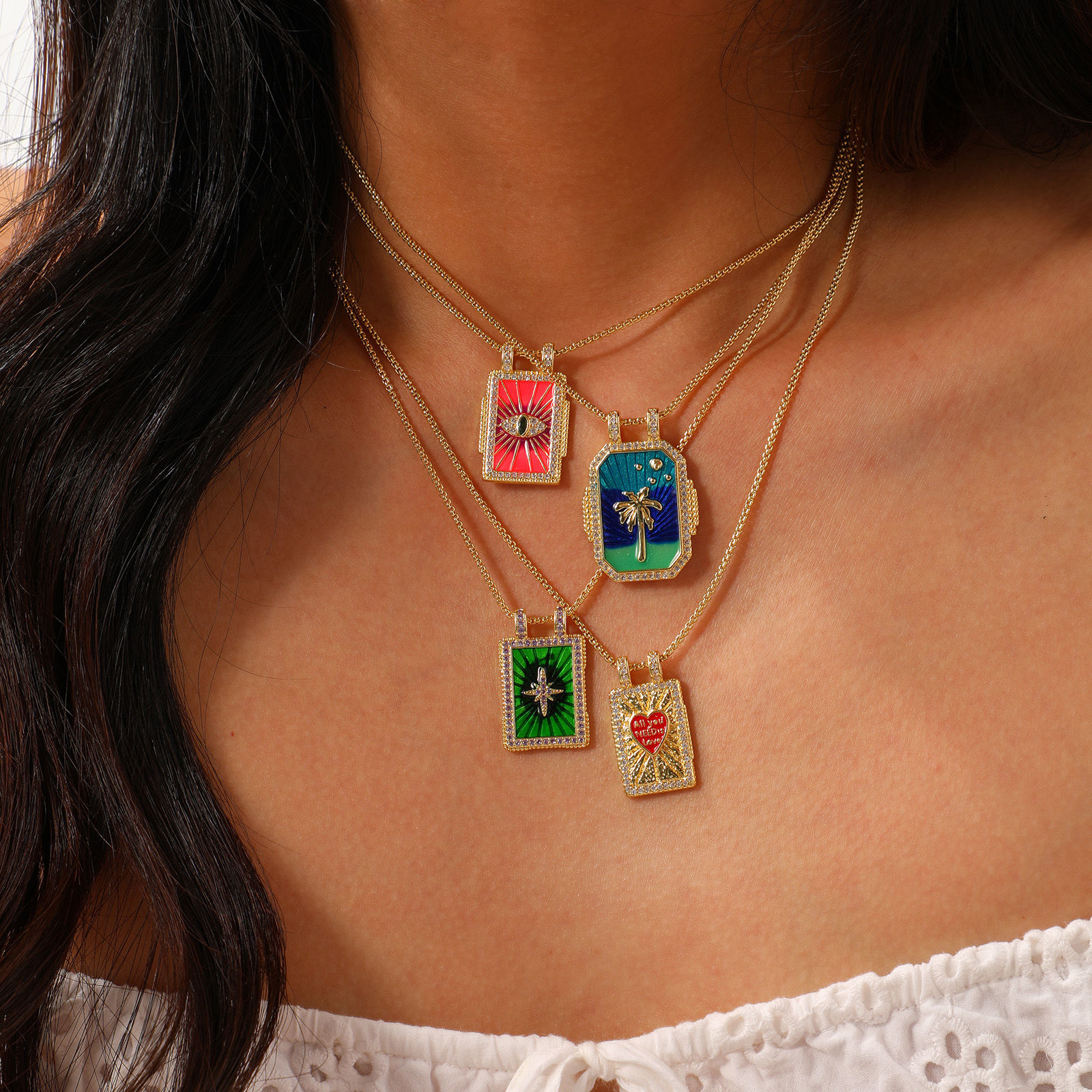 Picture of Eco-friendly Retro Ethnic 18K Real Gold Plated Multicolor Brass Link Cable Chain Rectangle Enamel Pendant Charm Necklace For Women Gift 45cm(17.7") + 5cm(2") long