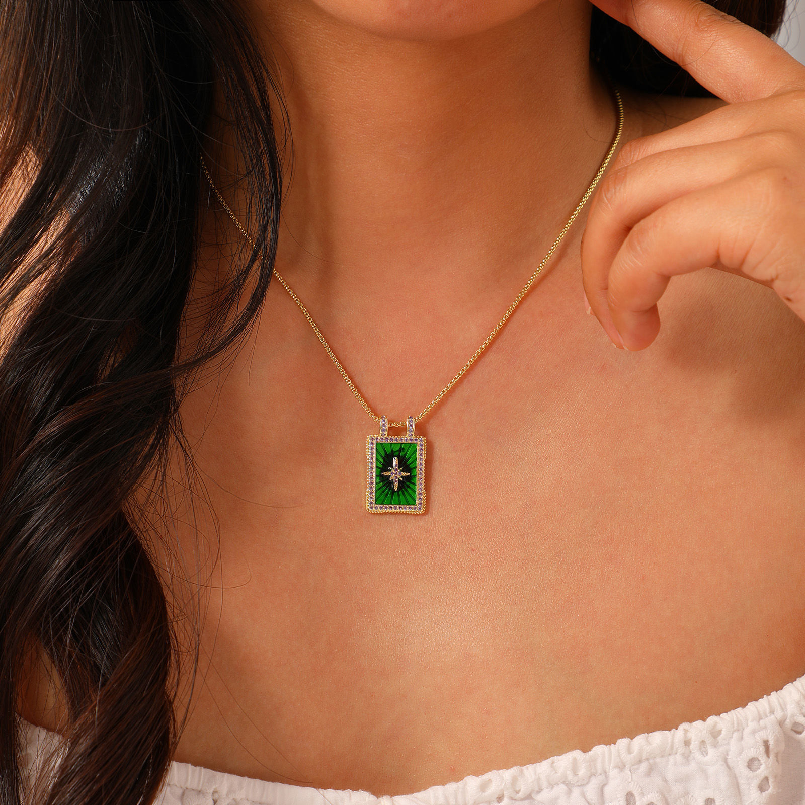 Picture of Eco-friendly Retro Ethnic 18K Real Gold Plated Multicolor Brass Link Cable Chain Rectangle Enamel Pendant Charm Necklace For Women Gift 45cm(17.7") + 5cm(2") long