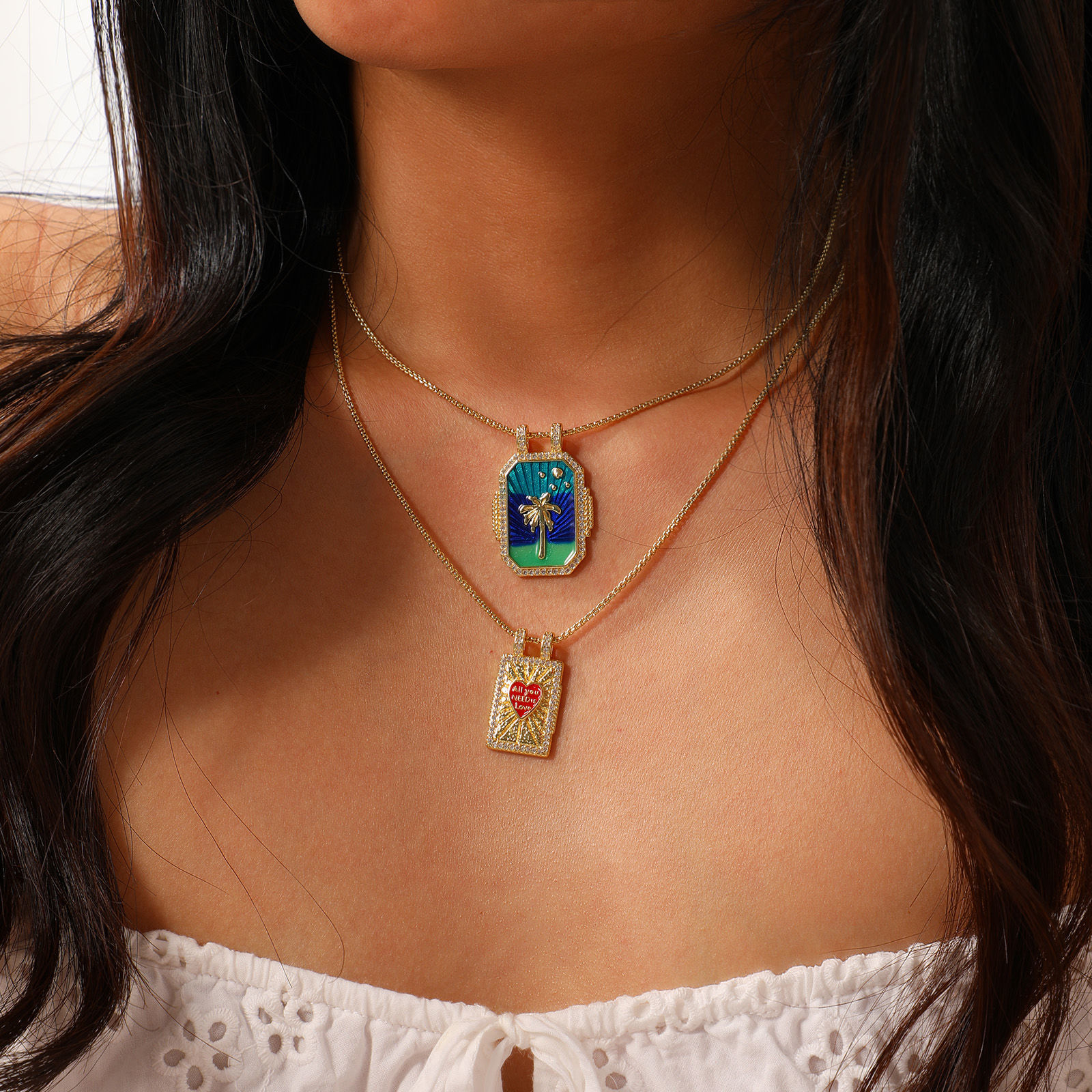 Picture of Eco-friendly Retro Ethnic 18K Real Gold Plated Multicolor Brass Link Cable Chain Rectangle Enamel Pendant Charm Necklace For Women Gift 45cm(17.7") + 5cm(2") long