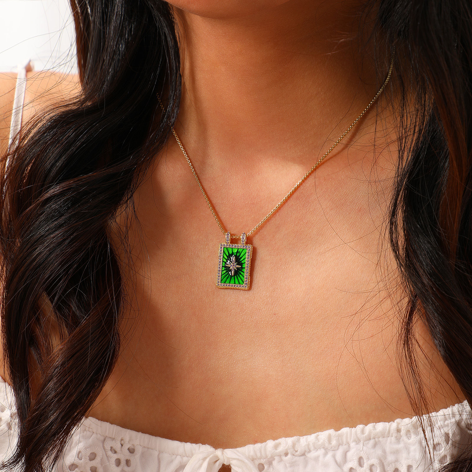 Picture of Eco-friendly Retro Ethnic 18K Real Gold Plated Multicolor Brass Link Cable Chain Rectangle Enamel Pendant Charm Necklace For Women Gift 45cm(17.7") + 5cm(2") long