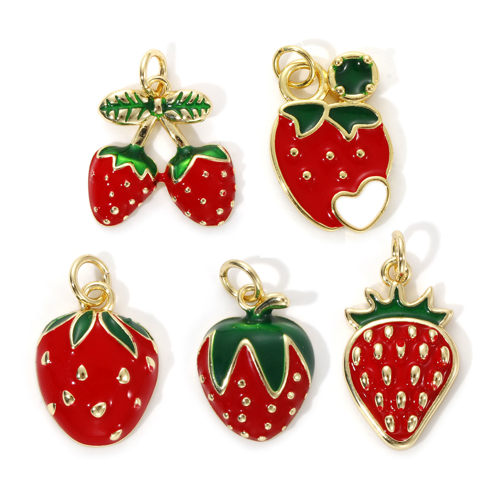 Picture of Eco-friendly Brass Charms 18K Real Gold Plated Red Enamel Strawberry Fruit