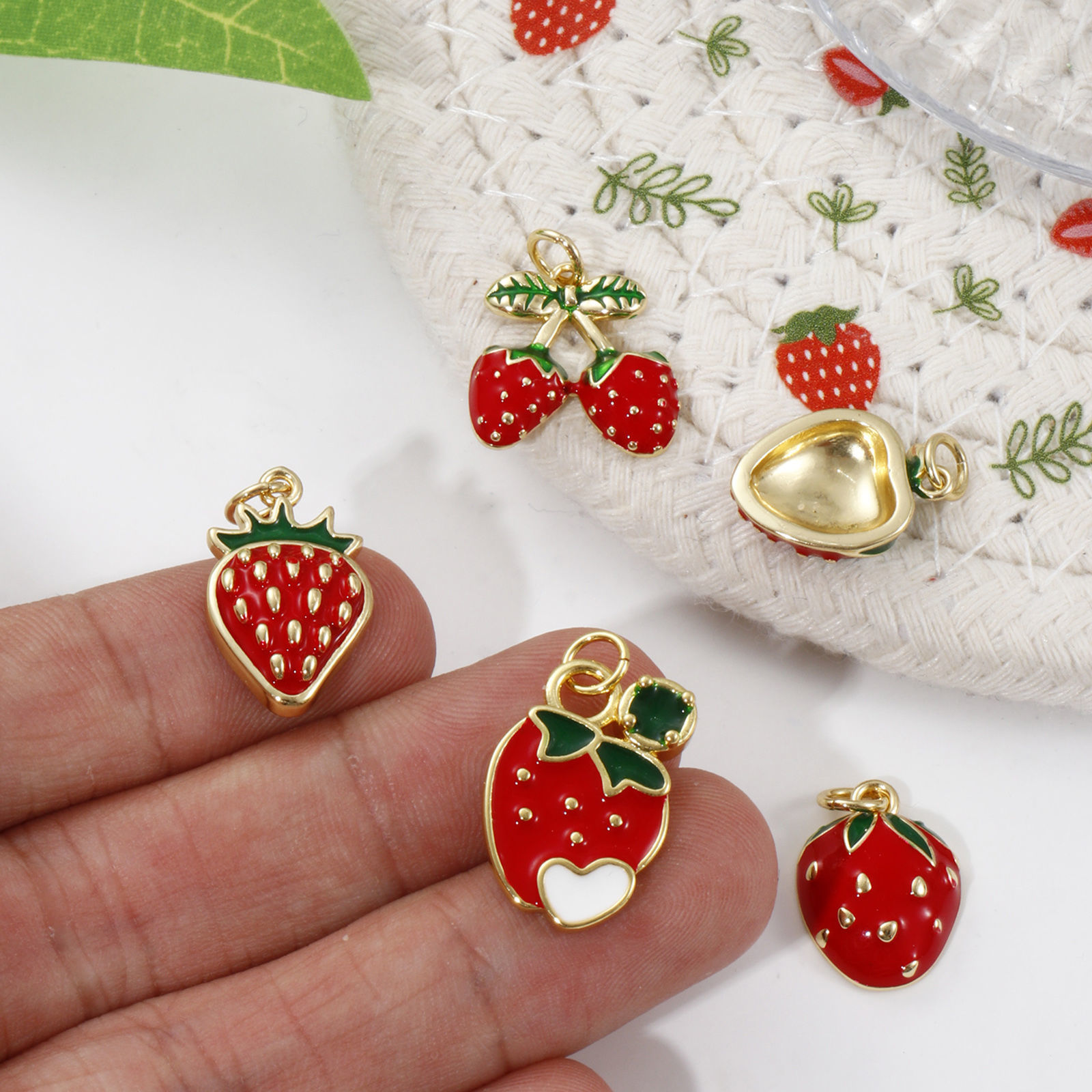 Picture of Eco-friendly Brass Charms 18K Real Gold Plated Red Enamel Strawberry Fruit