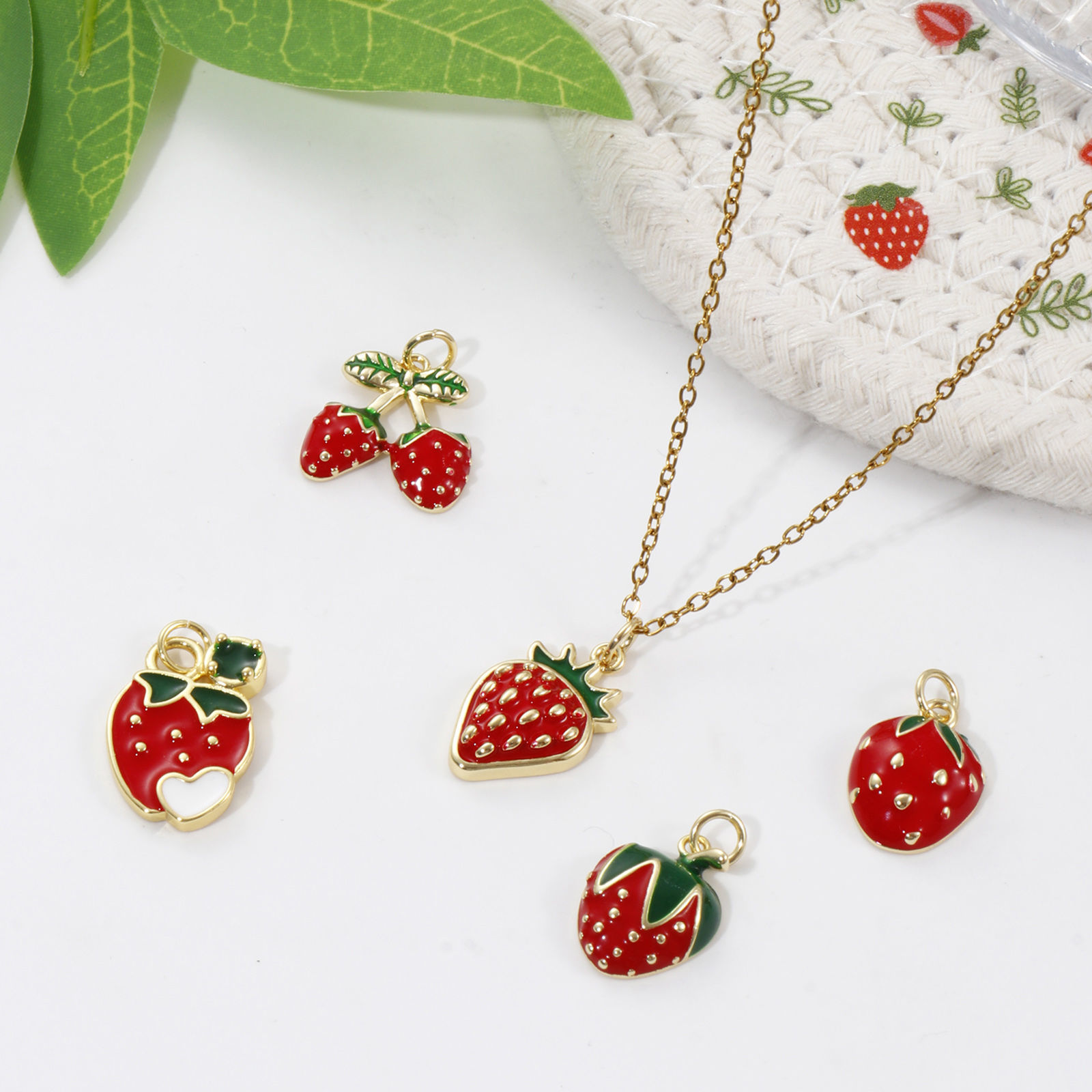 Picture of Eco-friendly Brass Charms 18K Real Gold Plated Red Enamel Strawberry Fruit