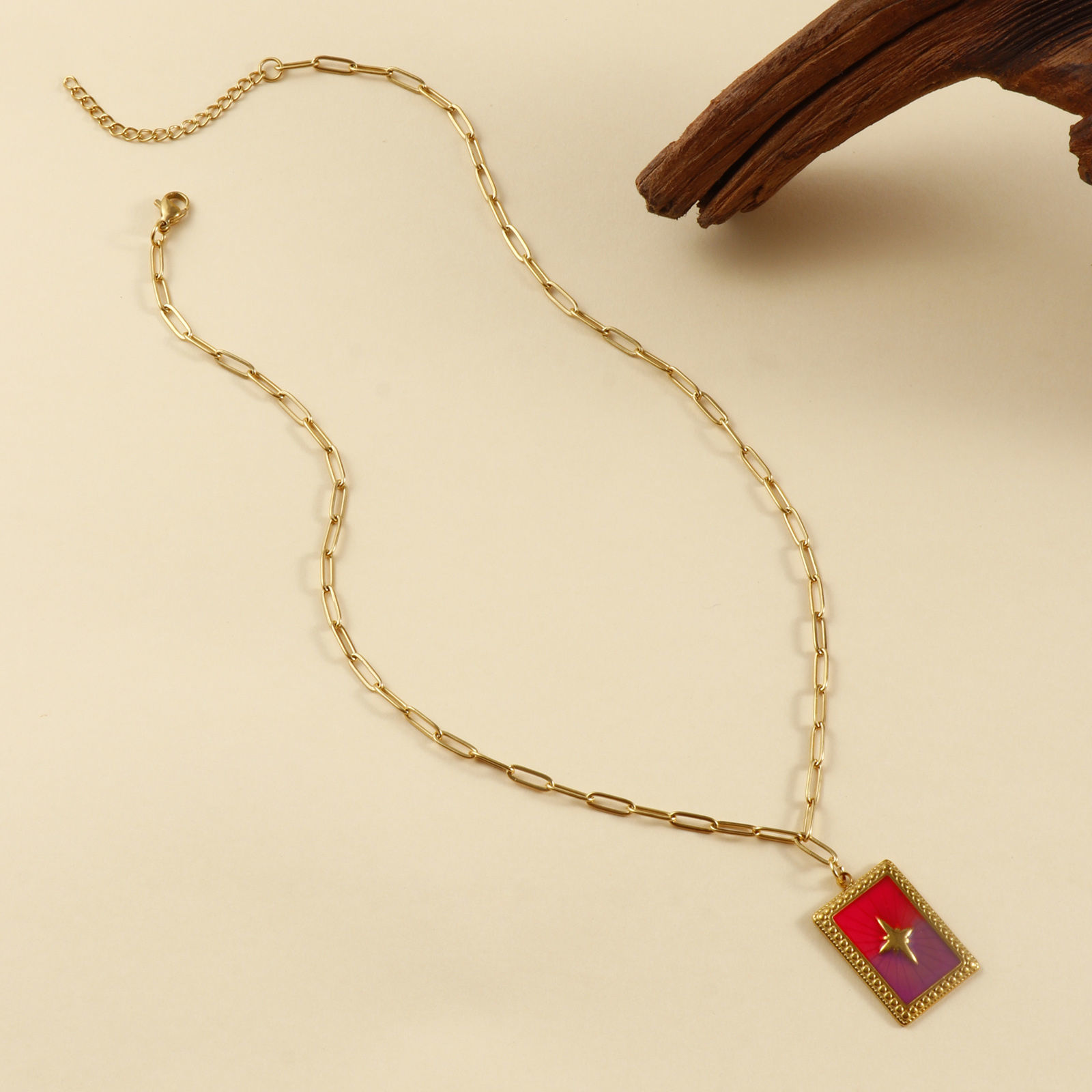 Picture of Eco-friendly PVD Vacuum Plating Exquisite 18K Real Gold Plated 304 Stainless Steel Paperclip Link Chain Rectangle Pendant Charm Necklace For Women Gift 42cm(16.5") + 5cm(2") long