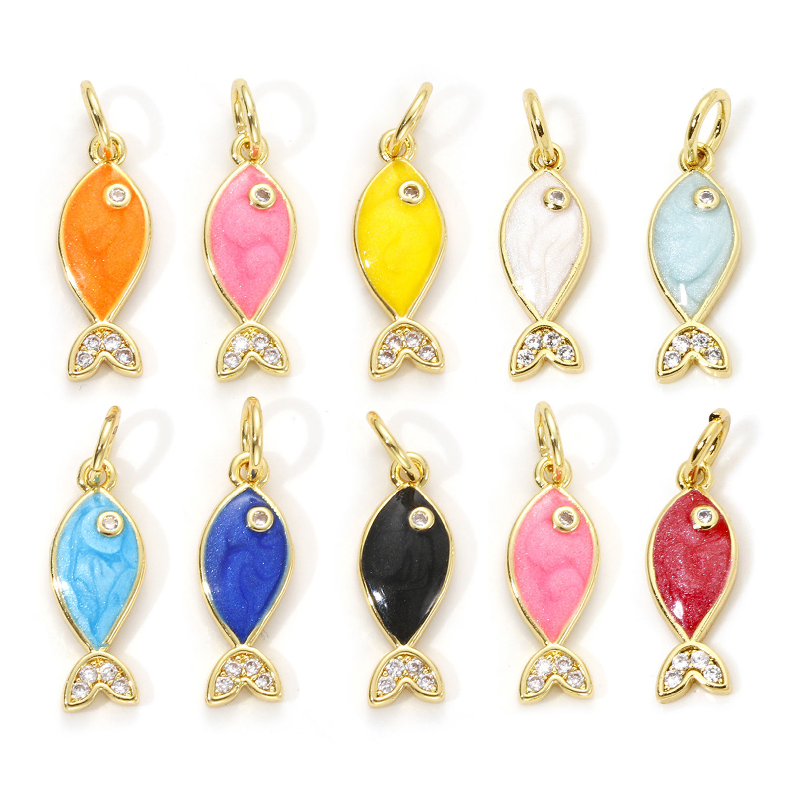 Image de 1 Pièce Breloques Bijoux d'Océan Respectueux de la Nature en Laiton Plaqué Or Véritable 18K Émail Poisson Perlaire à Zircone Cubique Clair 19mm x 6mm