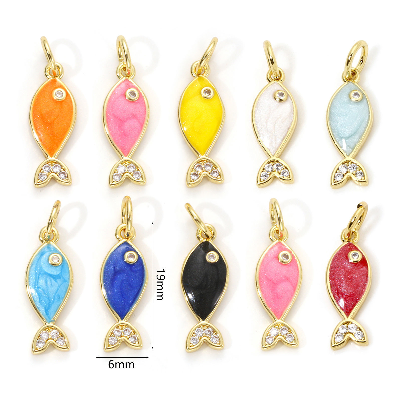 Image de 1 Pièce Breloques Bijoux d'Océan Respectueux de la Nature en Laiton Plaqué Or Véritable 18K Émail Poisson Perlaire à Zircone Cubique Clair 19mm x 6mm