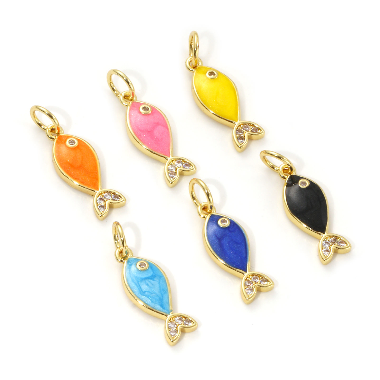 Image de 1 Pièce Breloques Bijoux d'Océan Respectueux de la Nature en Laiton Plaqué Or Véritable 18K Émail Poisson Perlaire à Zircone Cubique Clair 19mm x 6mm