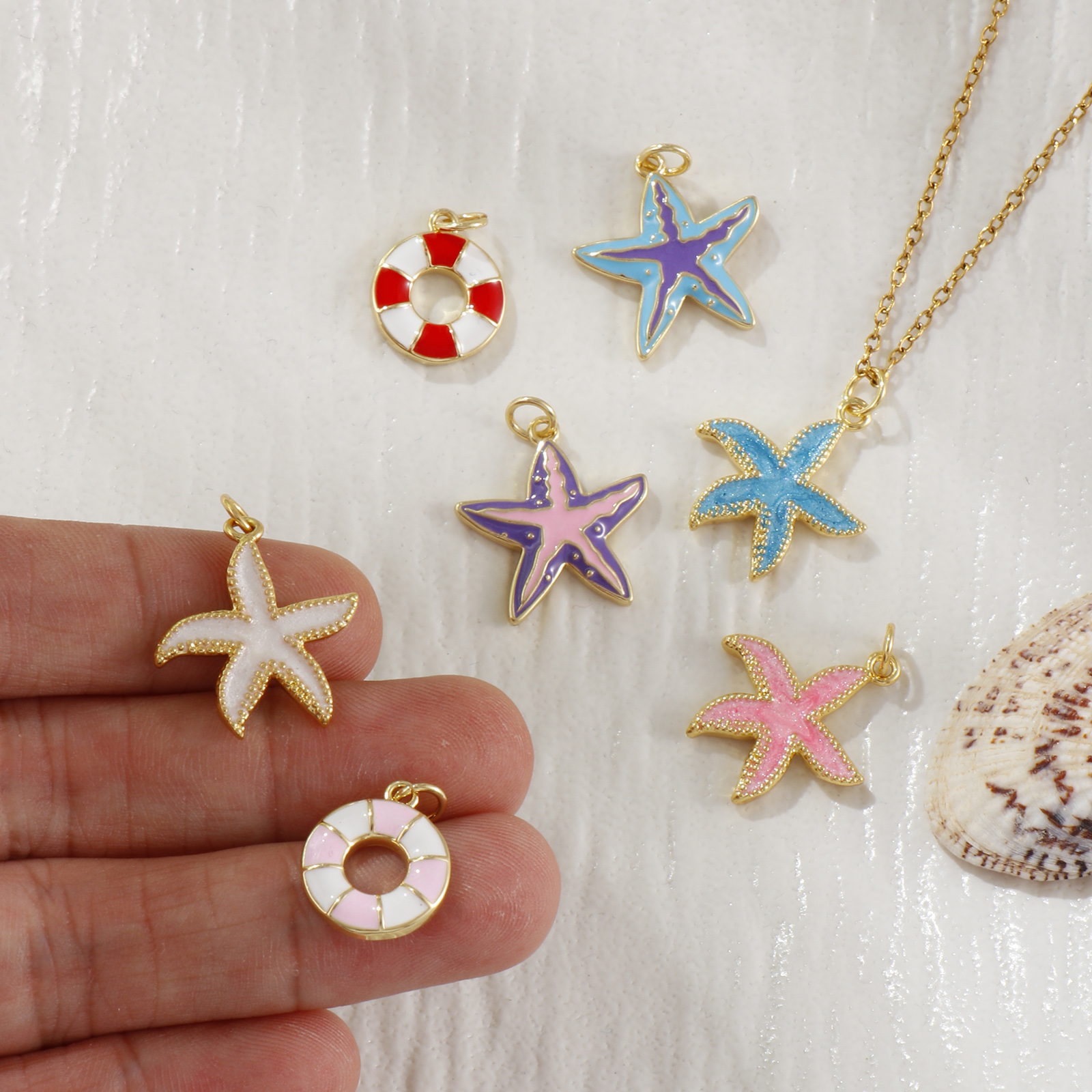 Picture of Eco-friendly Brass Ocean Jewelry Charms 18K Real Gold Plated Multicolor Enamel Lifebuoy Star Fish
