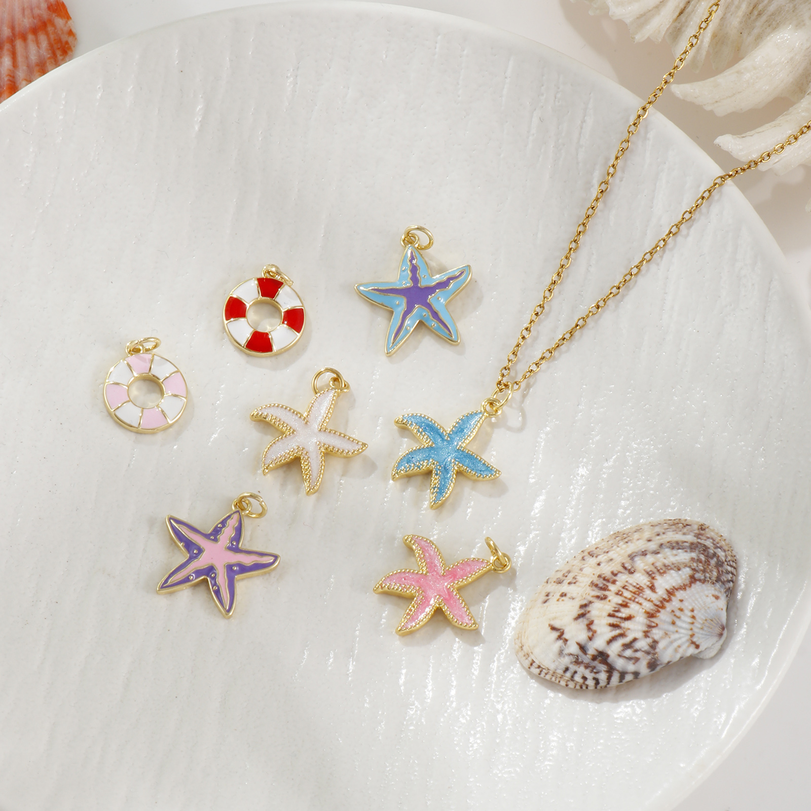 Picture of Eco-friendly Brass Ocean Jewelry Charms 18K Real Gold Plated Multicolor Enamel Lifebuoy Star Fish