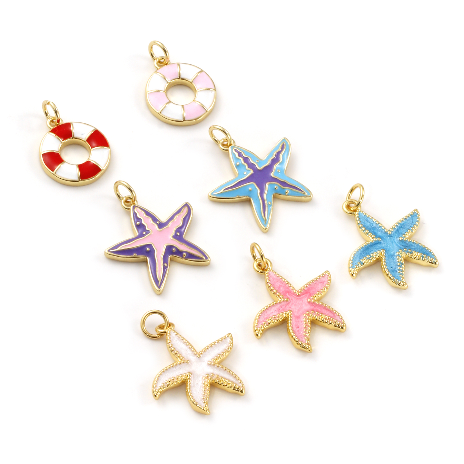 Picture of Eco-friendly Brass Ocean Jewelry Charms 18K Real Gold Plated Multicolor Enamel Lifebuoy Star Fish