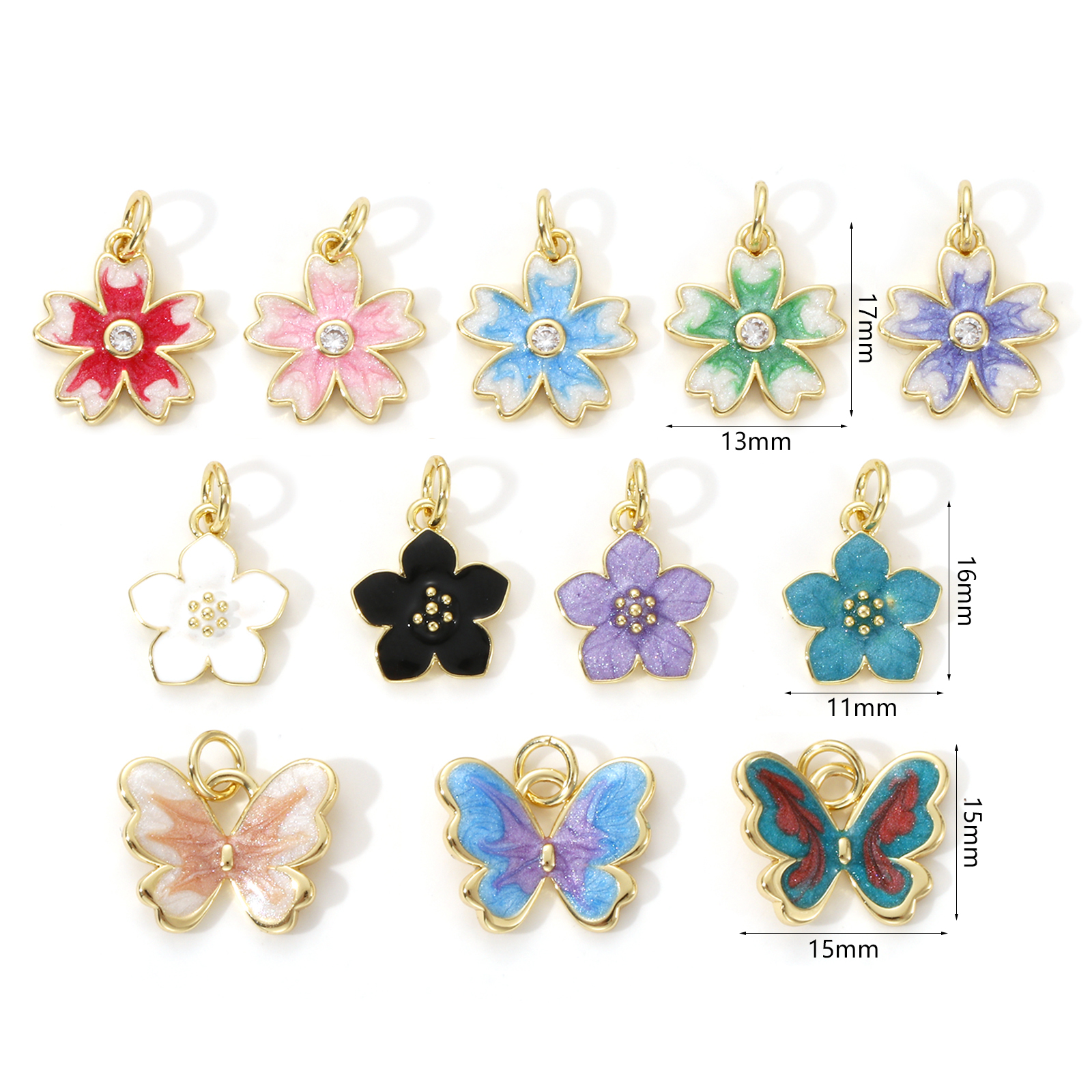 Picture of Eco-friendly Brass Charms 18K Real Gold Plated Multicolor Enamel Flower Butterfly