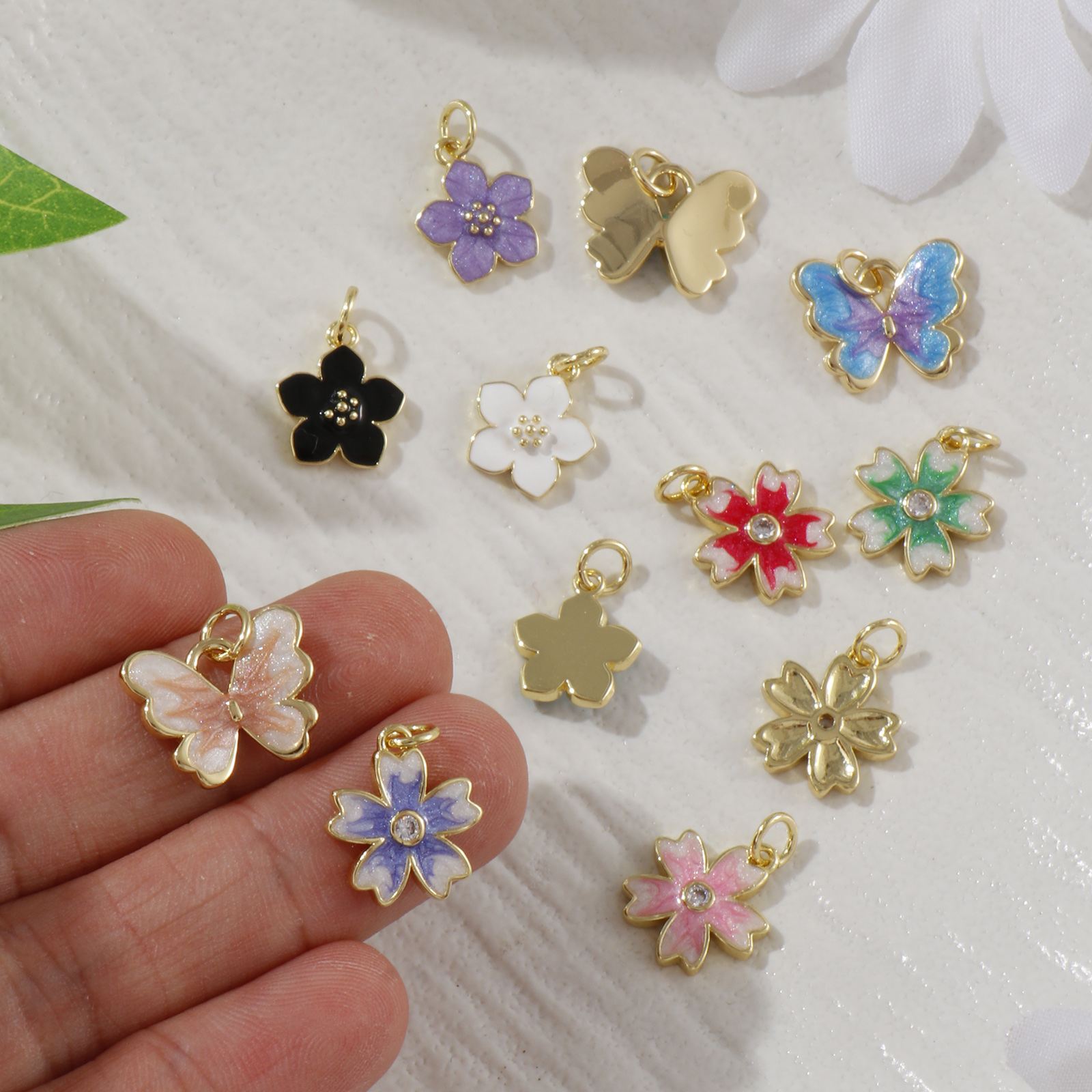 Picture of Eco-friendly Brass Charms 18K Real Gold Plated Multicolor Enamel Flower Butterfly