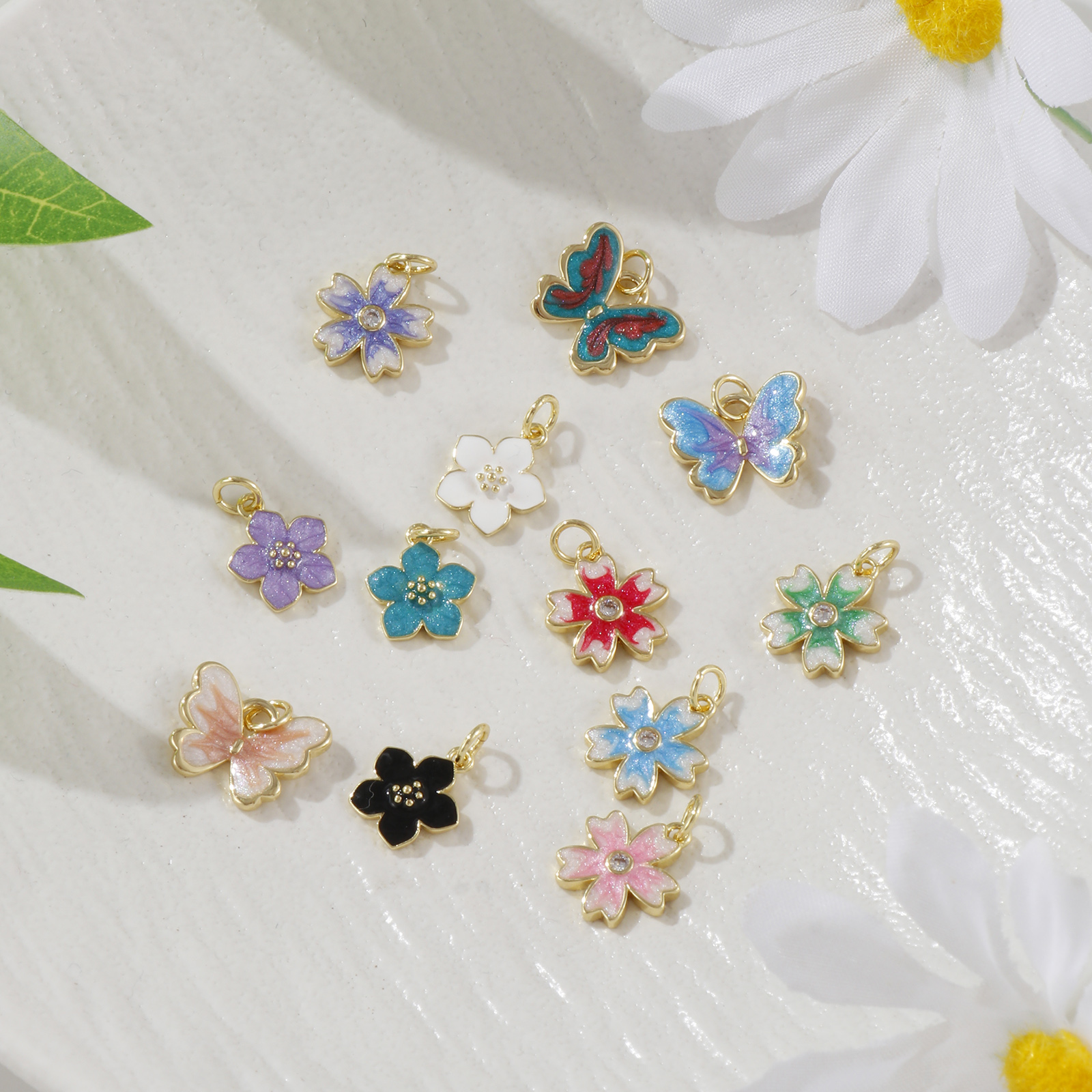 Picture of Eco-friendly Brass Charms 18K Real Gold Plated Multicolor Enamel Flower Butterfly