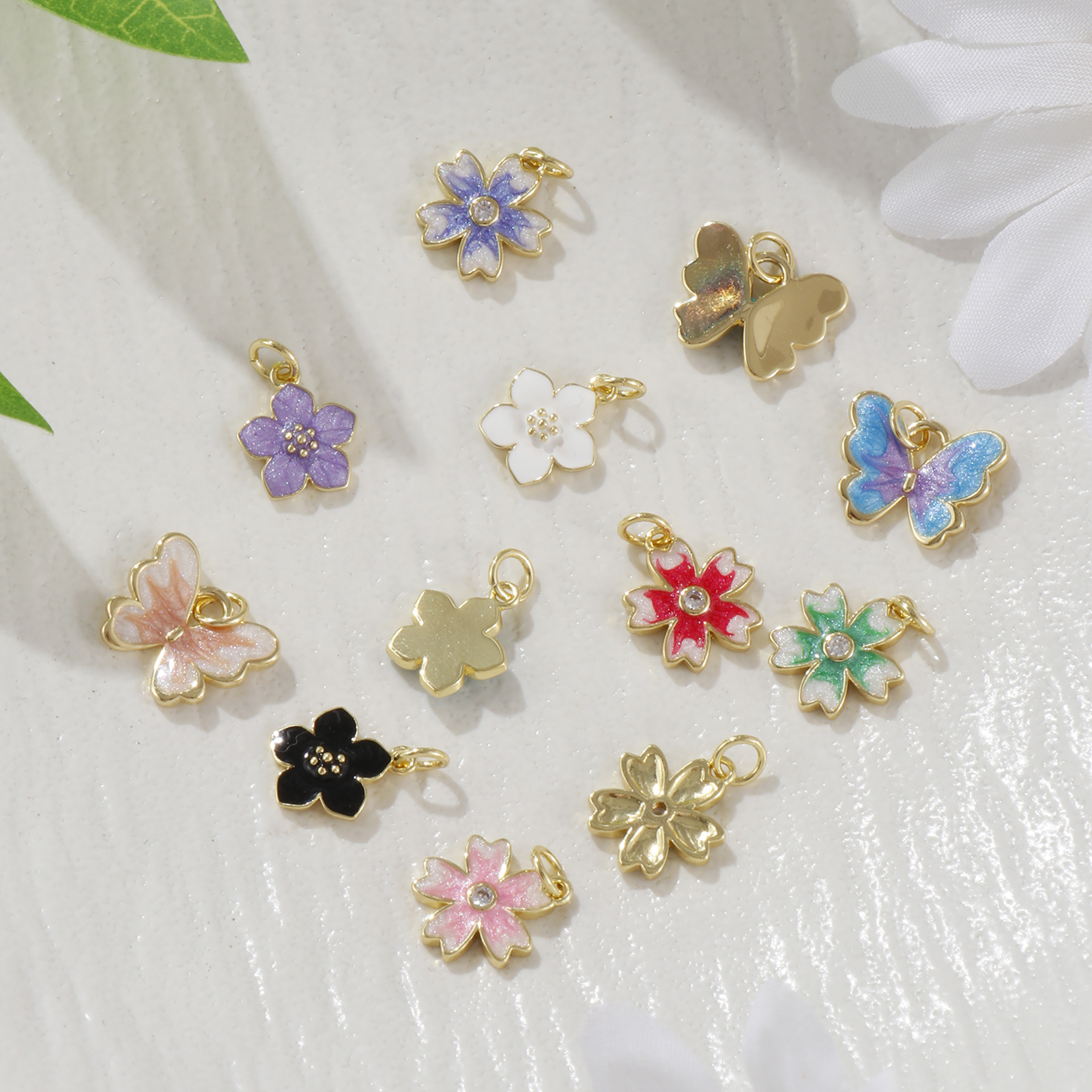 Picture of Eco-friendly Brass Charms 18K Real Gold Plated Multicolor Enamel Flower Butterfly
