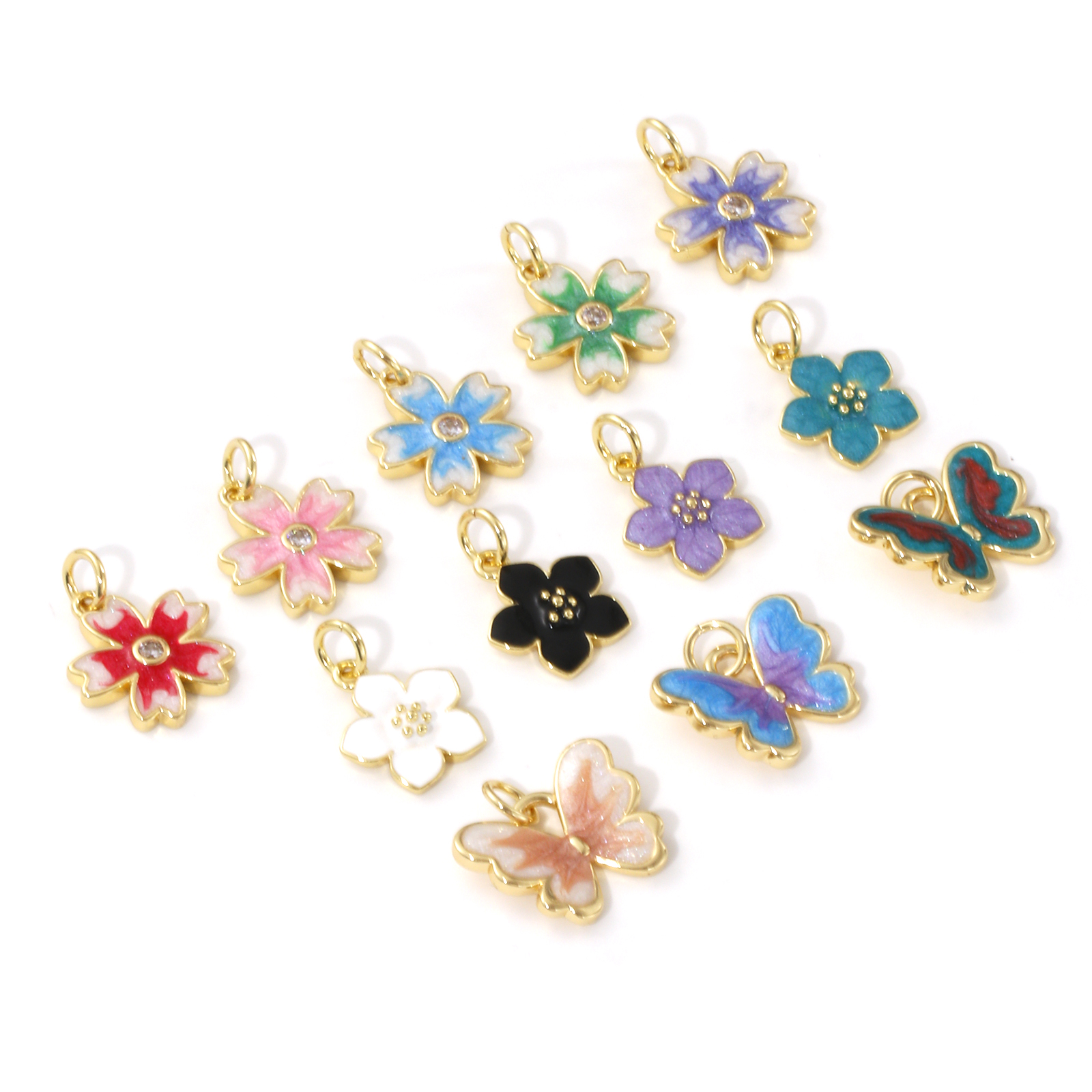 Picture of Eco-friendly Brass Charms 18K Real Gold Plated Multicolor Enamel Flower Butterfly