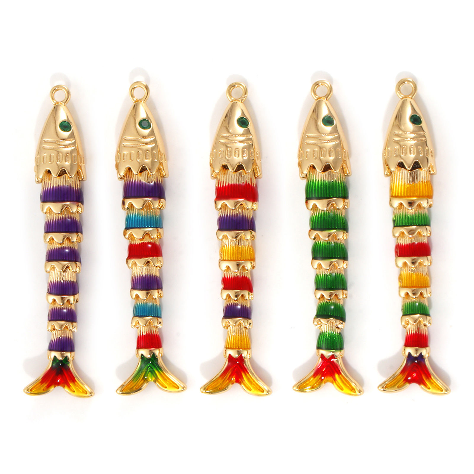 Picture of Eco-friendly Brass Ocean Jewelry Pendants 18K Real Gold Plated Multicolor Fish Animal Movable Green Cubic Zirconia Enamel 3D 47mm x 8mm