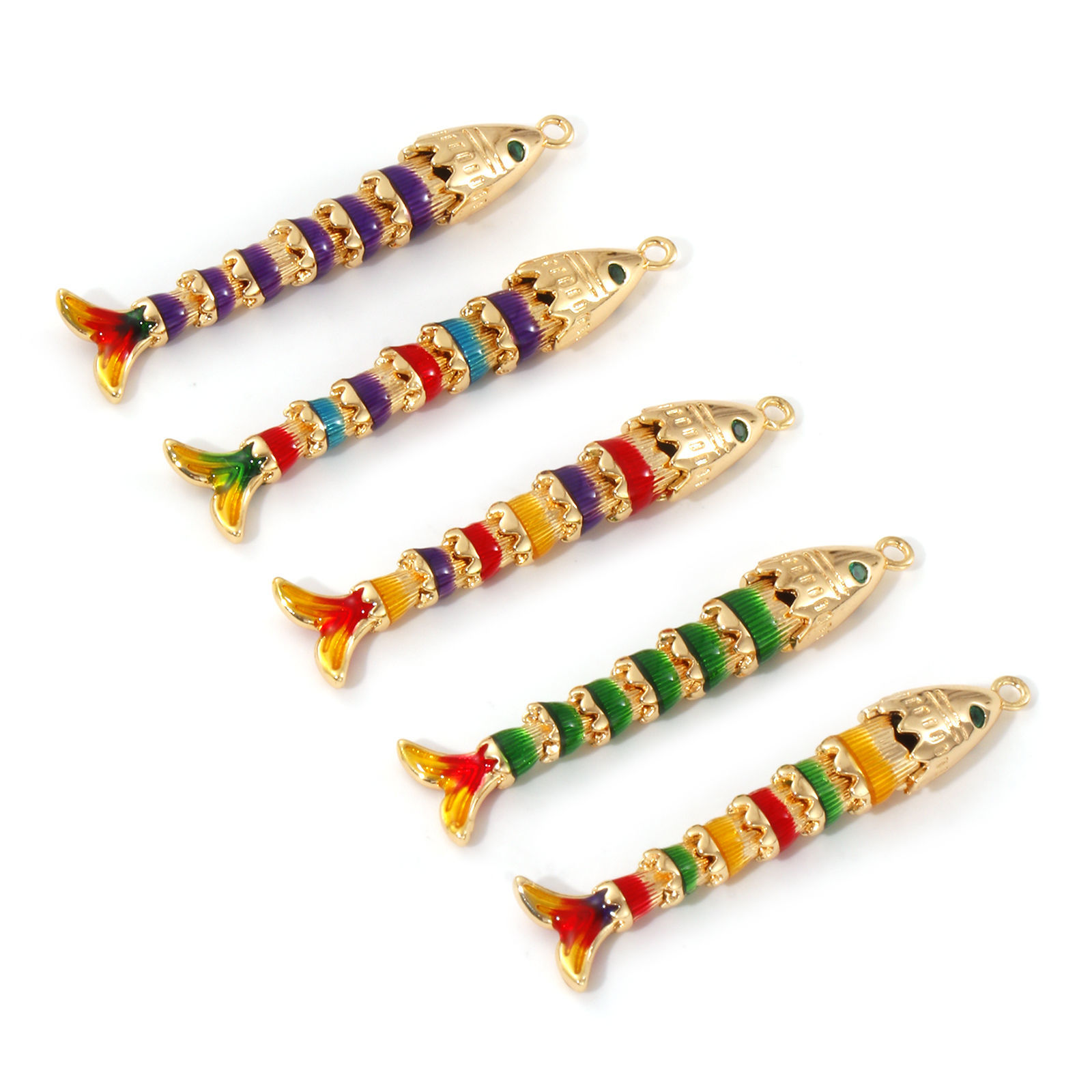 Picture of Eco-friendly Brass Ocean Jewelry Pendants 18K Real Gold Plated Multicolor Fish Animal Movable Green Cubic Zirconia Enamel 3D 47mm x 8mm