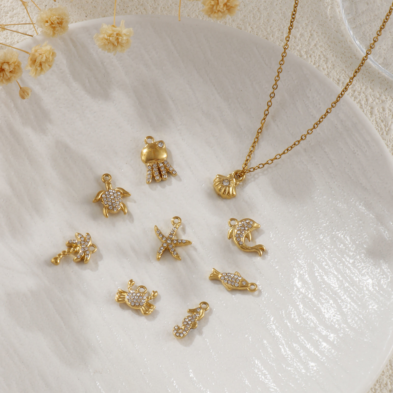 Picture of Eco-friendly PVD Vacuum Plating 304 Stainless Steel Charms 18K Real Gold Plated Micro Pave Clear Cubic Zirconia