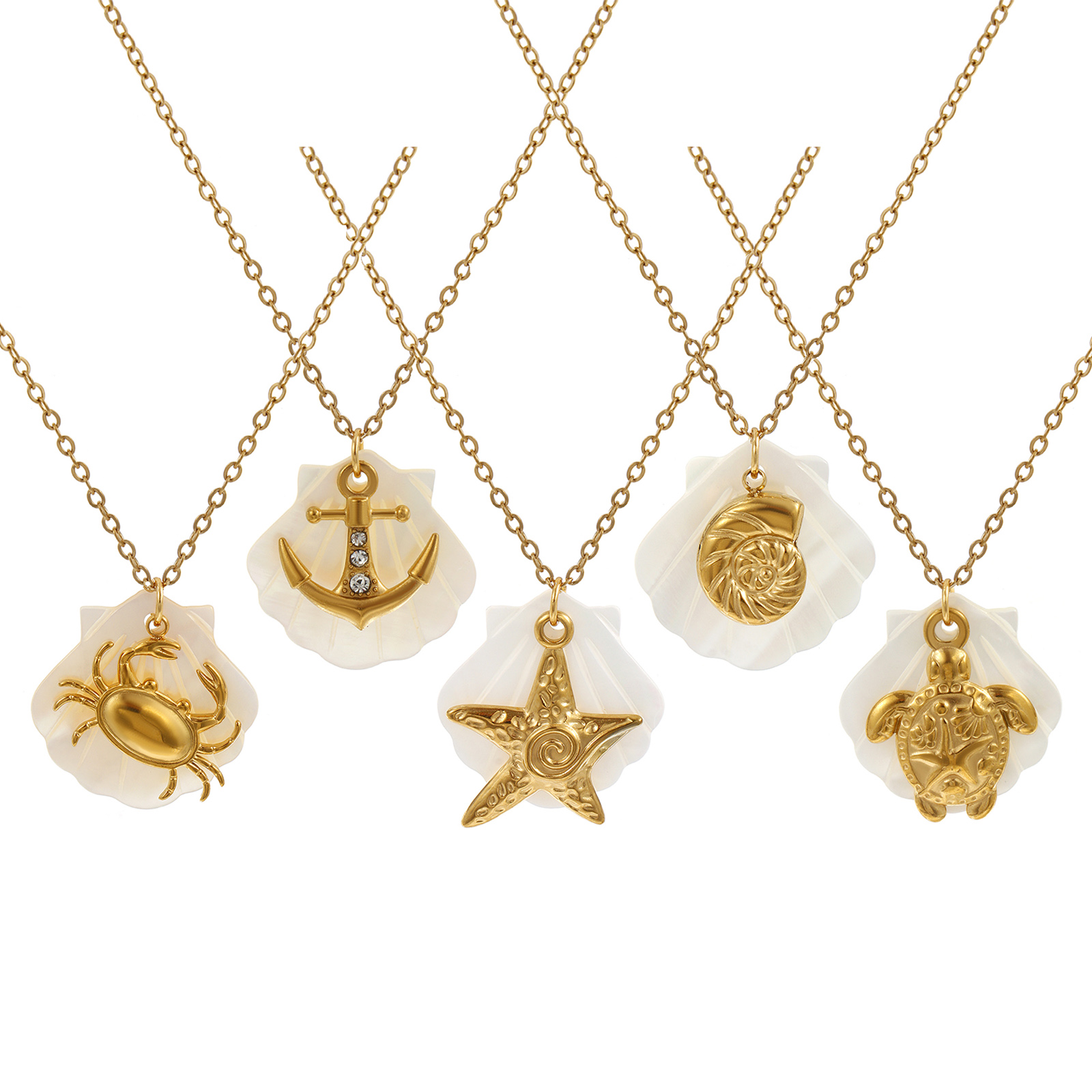 Bild von 18K Echtgold plattiert Kreuz Gliederketten Anhänger Halskette, 304 Edelstahl & Natürliche Muschel 45cm + 5cm, Für Frauen, Exquisit Ozean Schmuck Geschenk, Umweltfreundliche PVD-Vakuumbeschichtung
