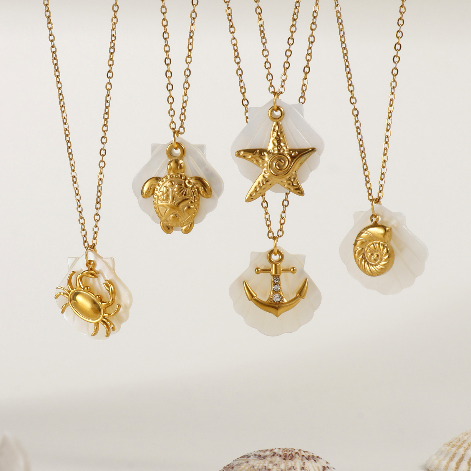 Bild von 18K Echtgold plattiert Kreuz Gliederketten Anhänger Halskette, 304 Edelstahl & Natürliche Muschel 45cm + 5cm, Für Frauen, Exquisit Ozean Schmuck Geschenk, Umweltfreundliche PVD-Vakuumbeschichtung