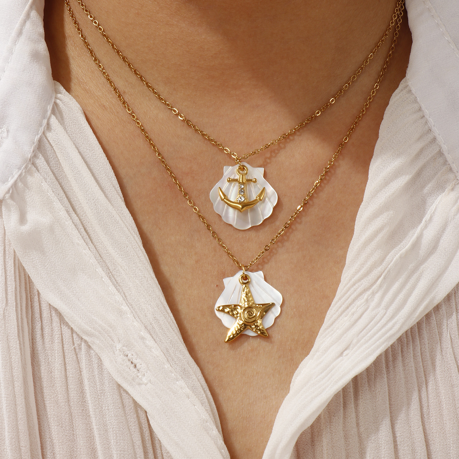 Bild von 18K Echtgold plattiert Kreuz Gliederketten Anhänger Halskette, 304 Edelstahl & Natürliche Muschel 45cm + 5cm, Für Frauen, Exquisit Ozean Schmuck Geschenk, Umweltfreundliche PVD-Vakuumbeschichtung
