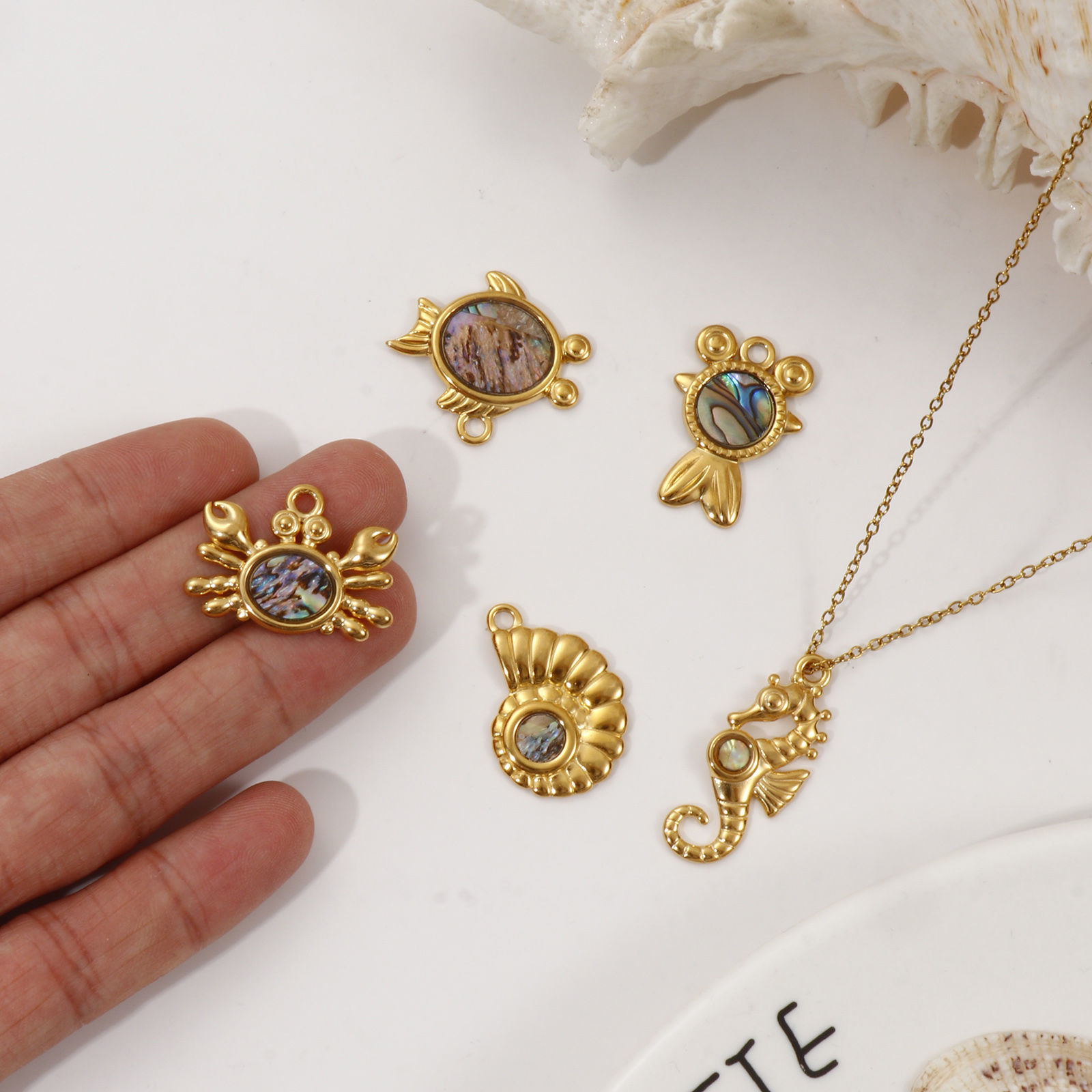 Picture of 2 PCs Eco-friendly PVD Vacuum Plating 304 Stainless Steel & Natural Shell Ocean Jewelry Charms 18K Real Gold Plated
