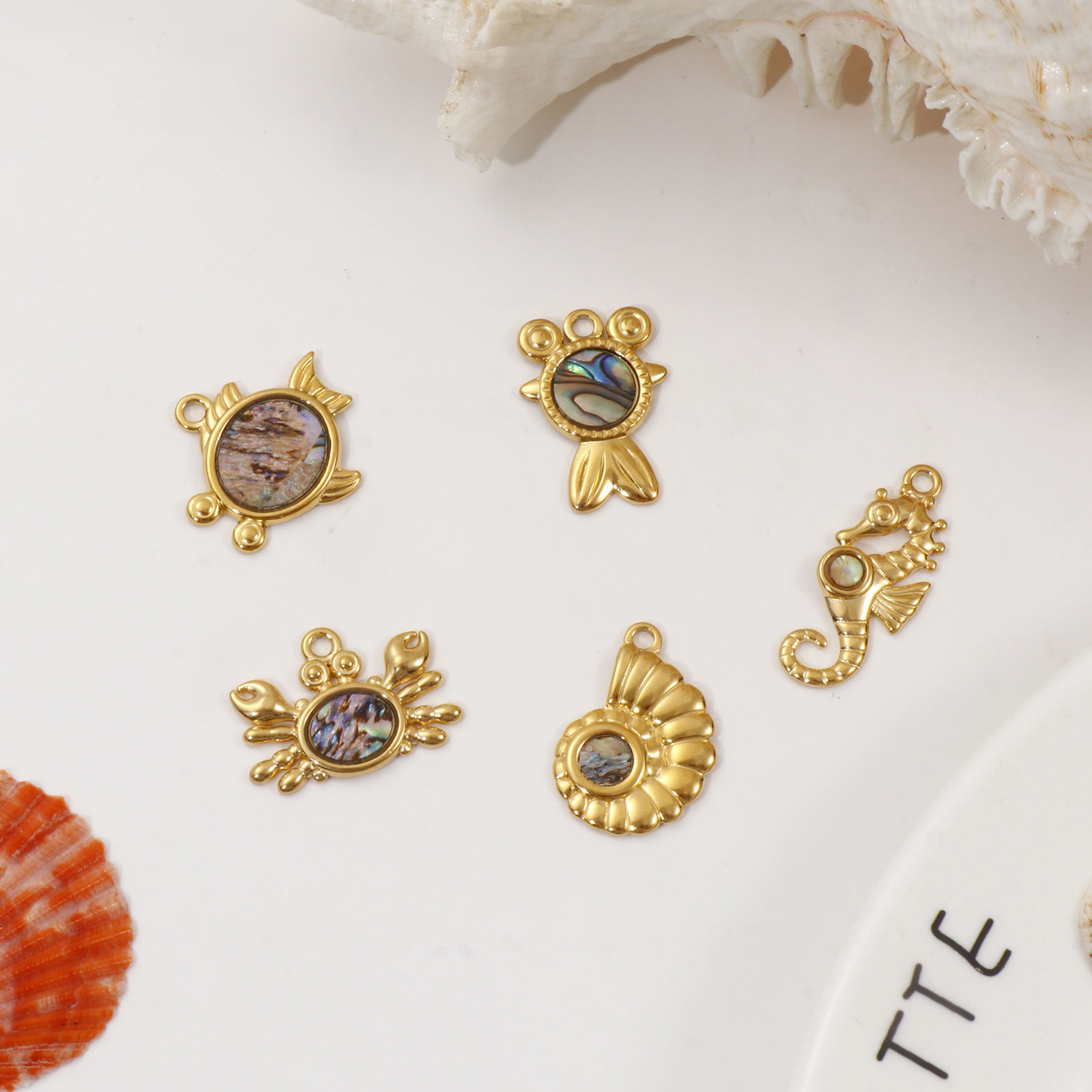 Picture of 2 PCs Eco-friendly PVD Vacuum Plating 304 Stainless Steel & Natural Shell Ocean Jewelry Charms 18K Real Gold Plated