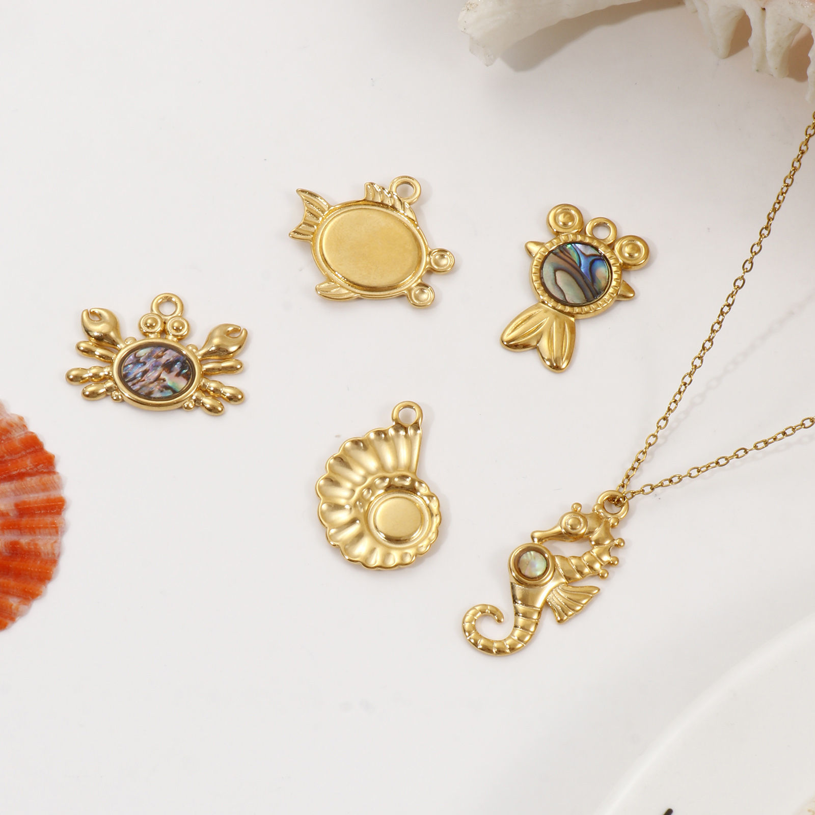 Picture of 2 PCs Eco-friendly PVD Vacuum Plating 304 Stainless Steel & Natural Shell Ocean Jewelry Charms 18K Real Gold Plated