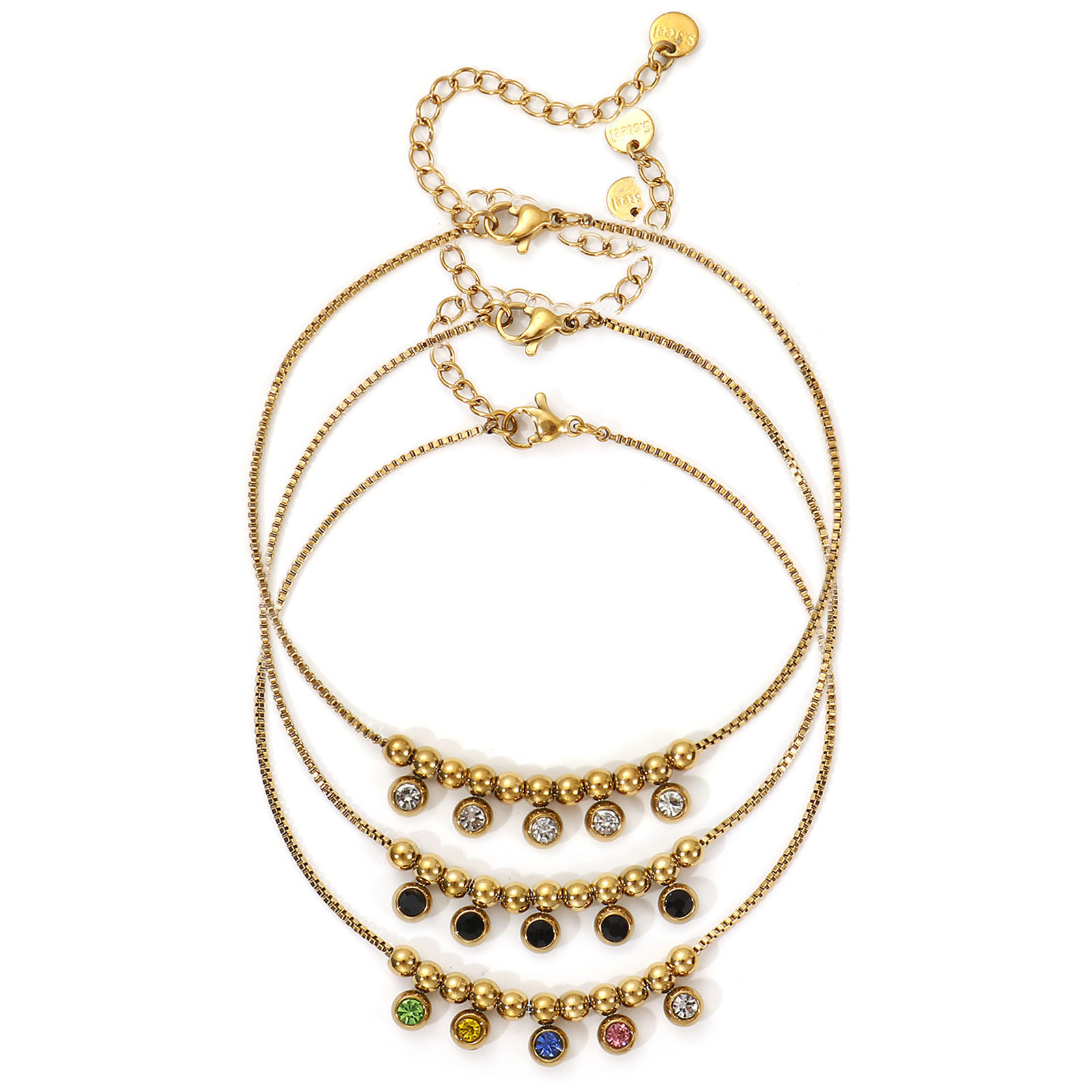 Picture of Eco-friendly PVD Vacuum Plating Stylish 18K Real Gold Plated 304 Stainless Steel & Rhinestone Box Chain Charm Anklet For Women Gift 22cm(8.7") long