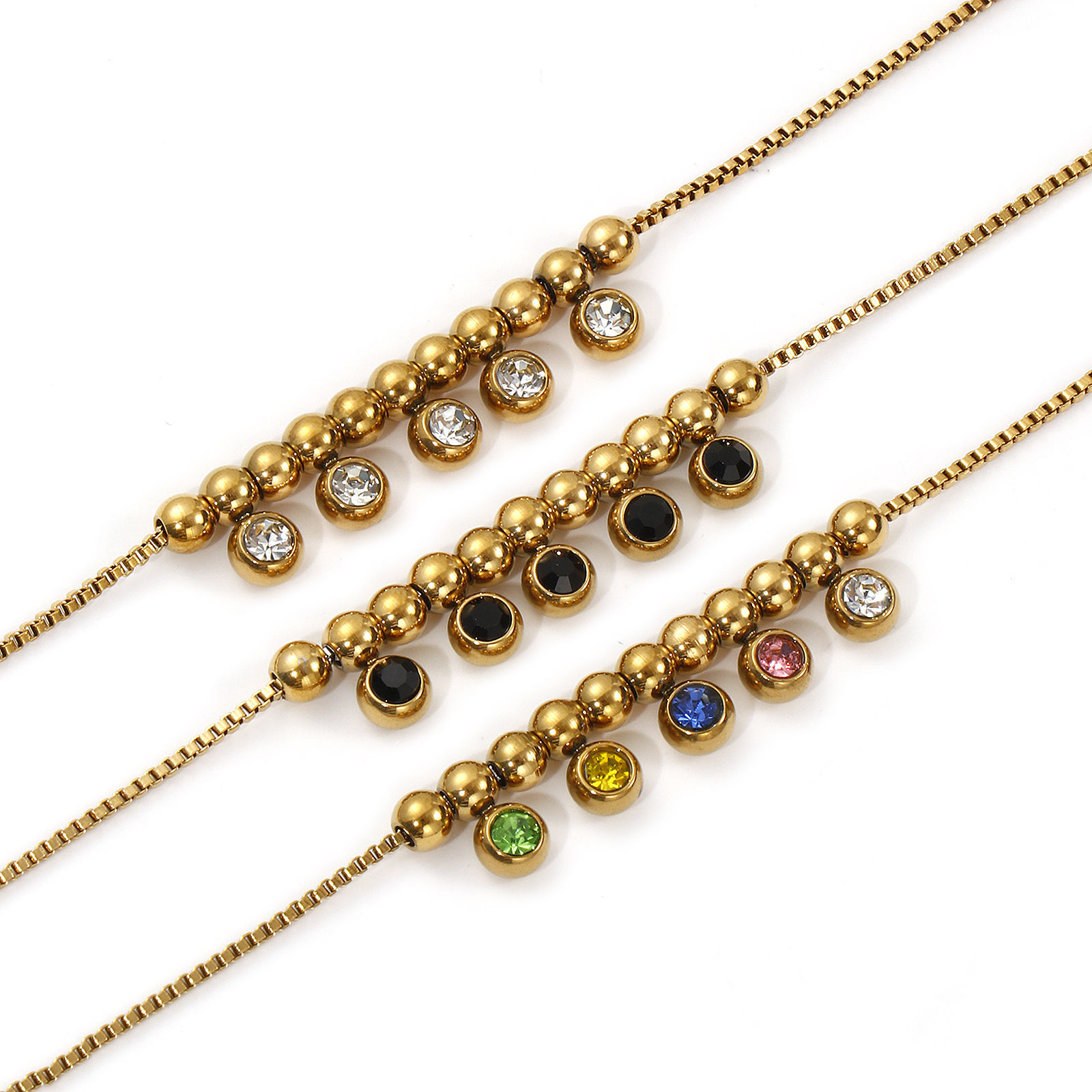 Picture of Eco-friendly PVD Vacuum Plating Stylish 18K Real Gold Plated 304 Stainless Steel & Rhinestone Box Chain Charm Anklet For Women Gift 22cm(8.7") long