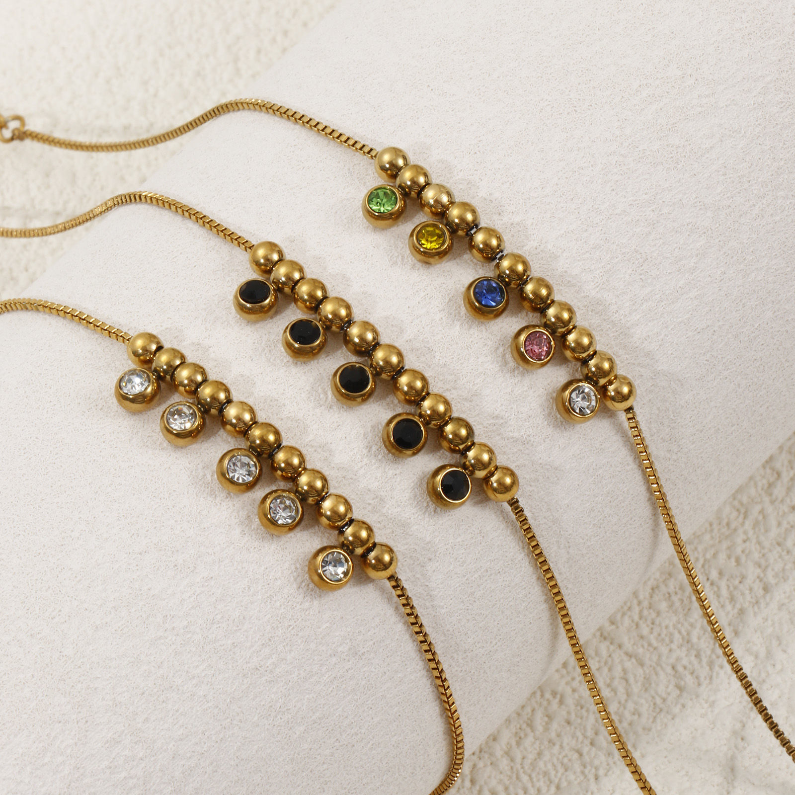Picture of Eco-friendly PVD Vacuum Plating Stylish 18K Real Gold Plated 304 Stainless Steel & Rhinestone Box Chain Charm Anklet For Women Gift 22cm(8.7") long